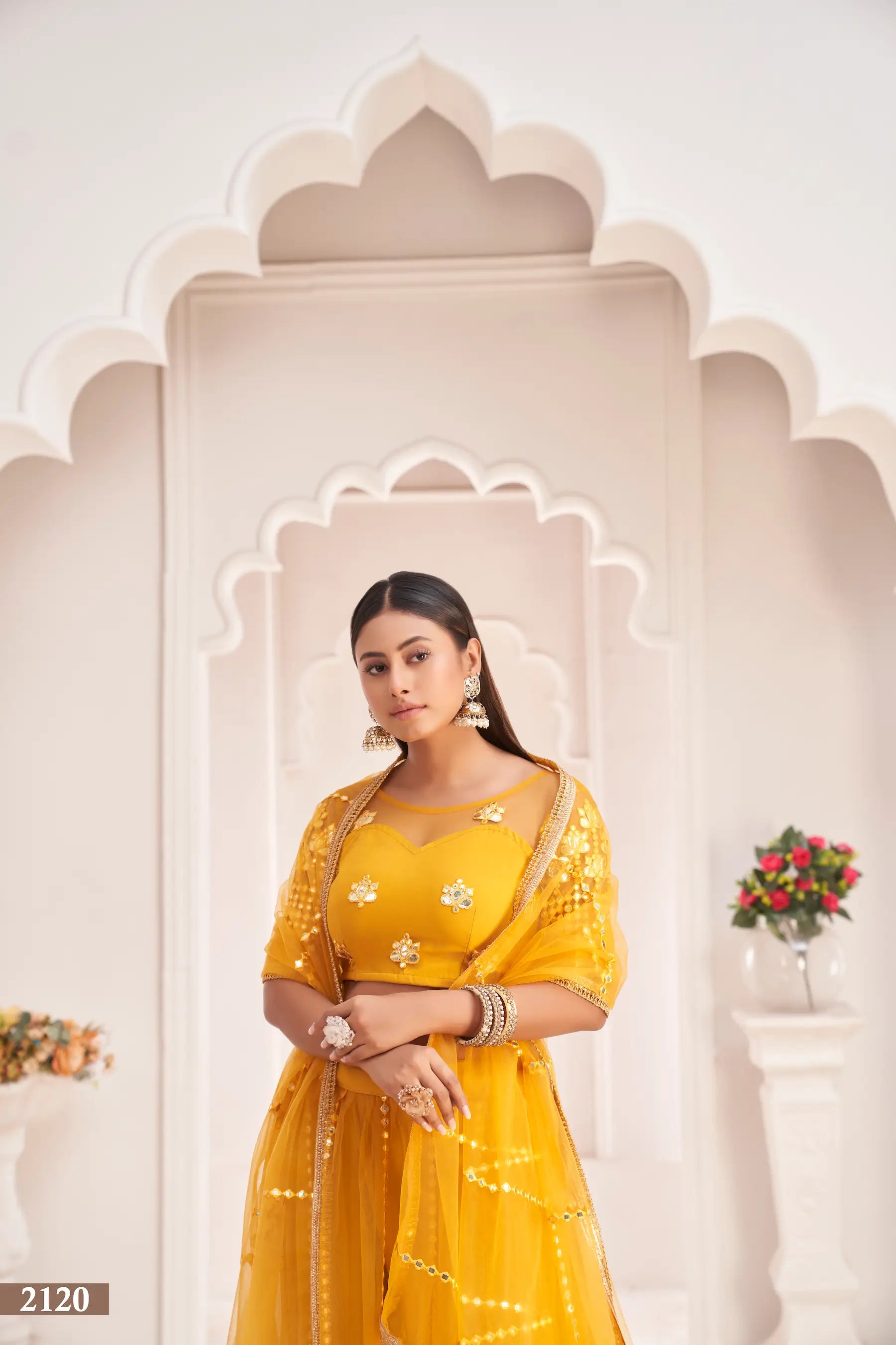 Yellow Thread & Paper Mirror Embroidery Net Lehenga Choli