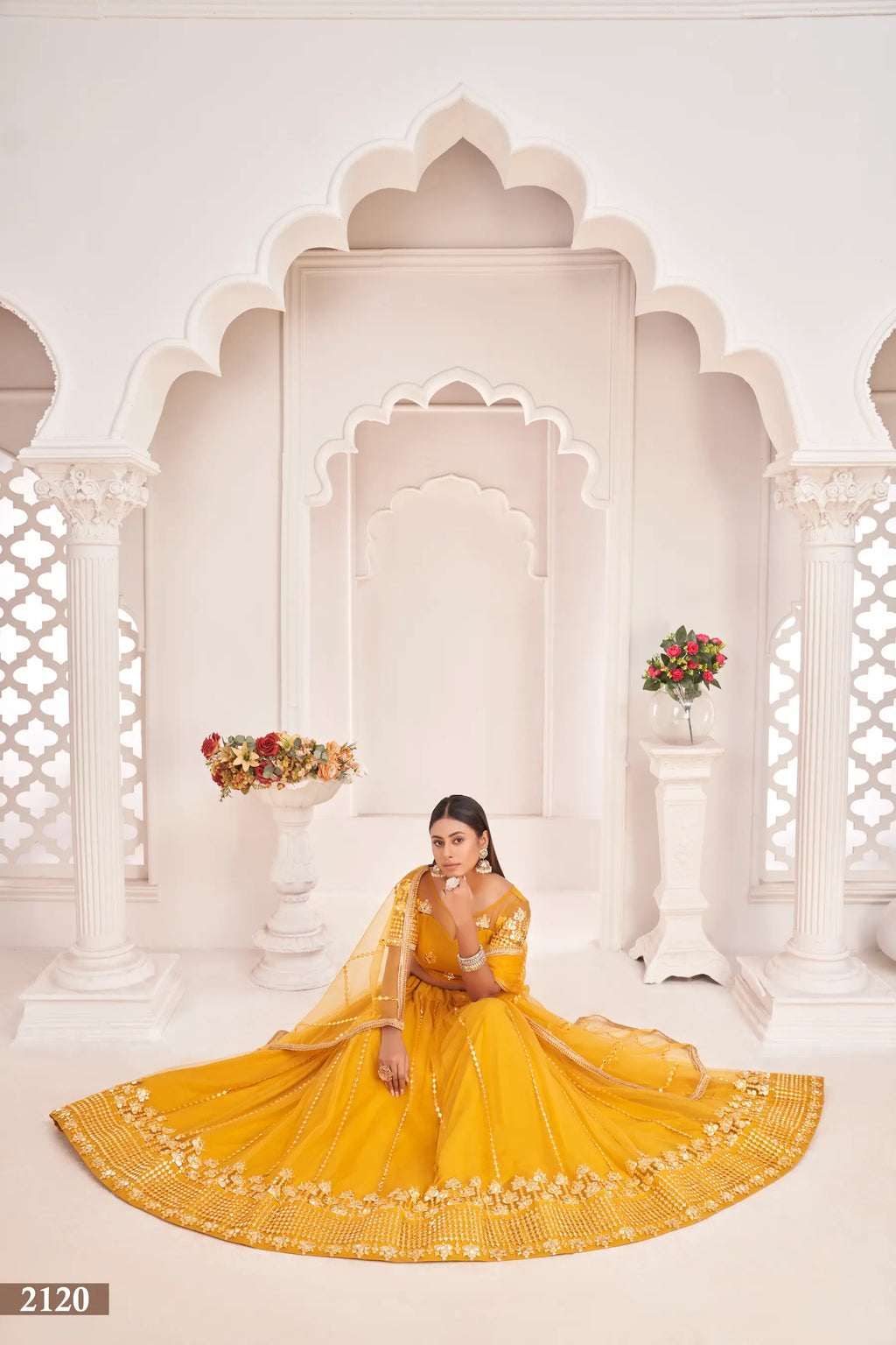 Yellow Thread & Paper Mirror Embroidery Net Lehenga Choli
