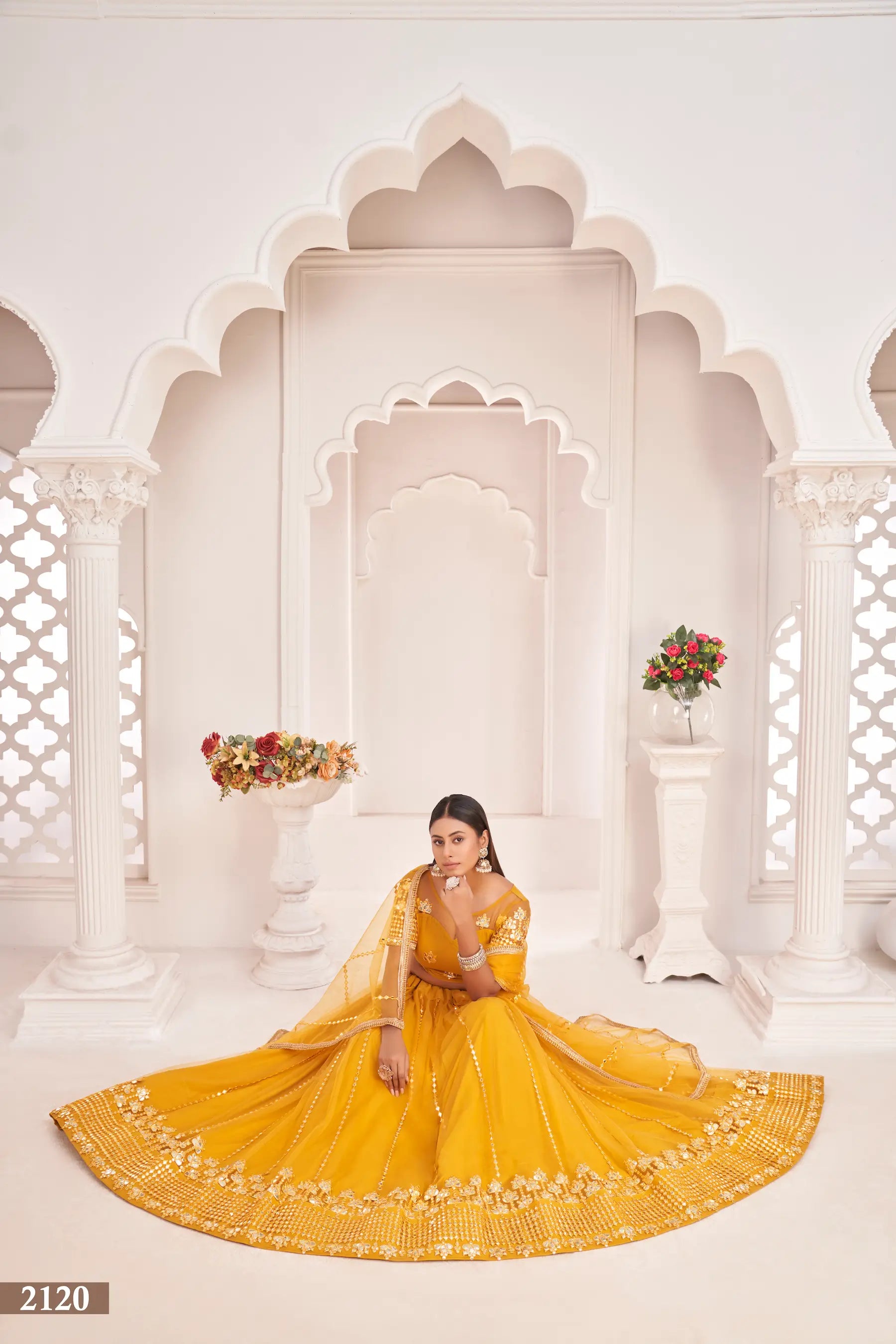 Yellow Thread & Paper Mirror Embroidery Net Lehenga Choli