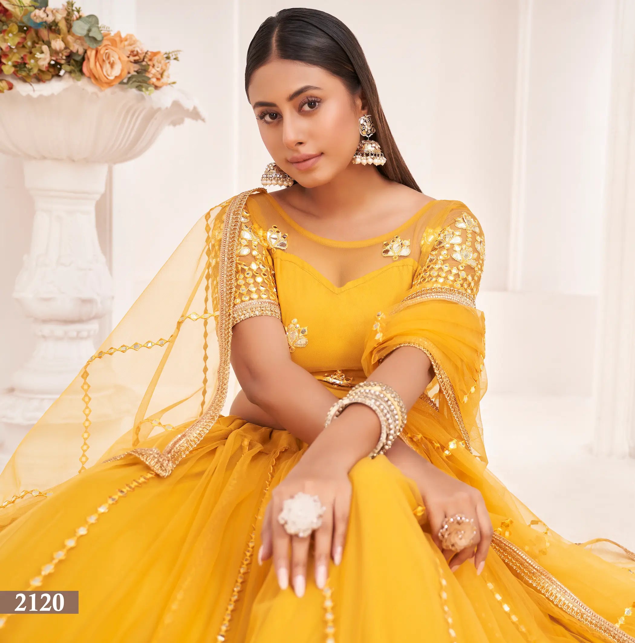 Yellow Thread & Paper Mirror Embroidery Net Lehenga Choli