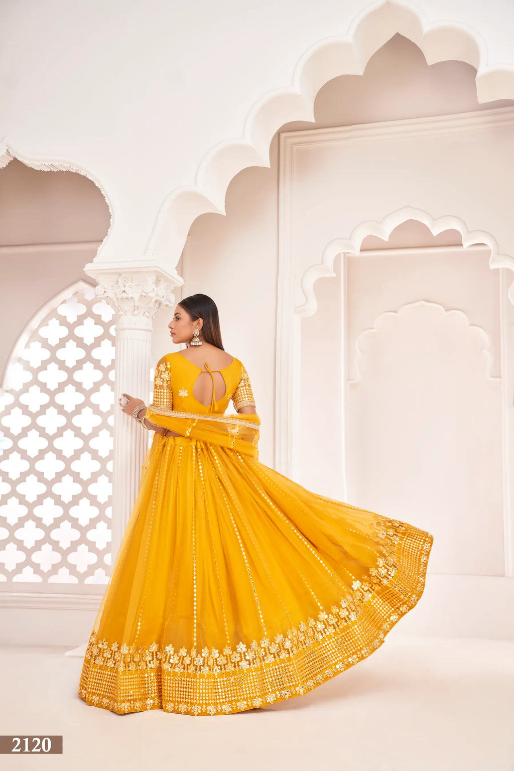 Yellow Thread & Paper Mirror Embroidery Net Lehenga Choli