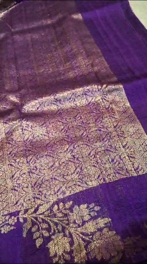 Purple Banarasi Handloom Tussar Raw Silk Saree