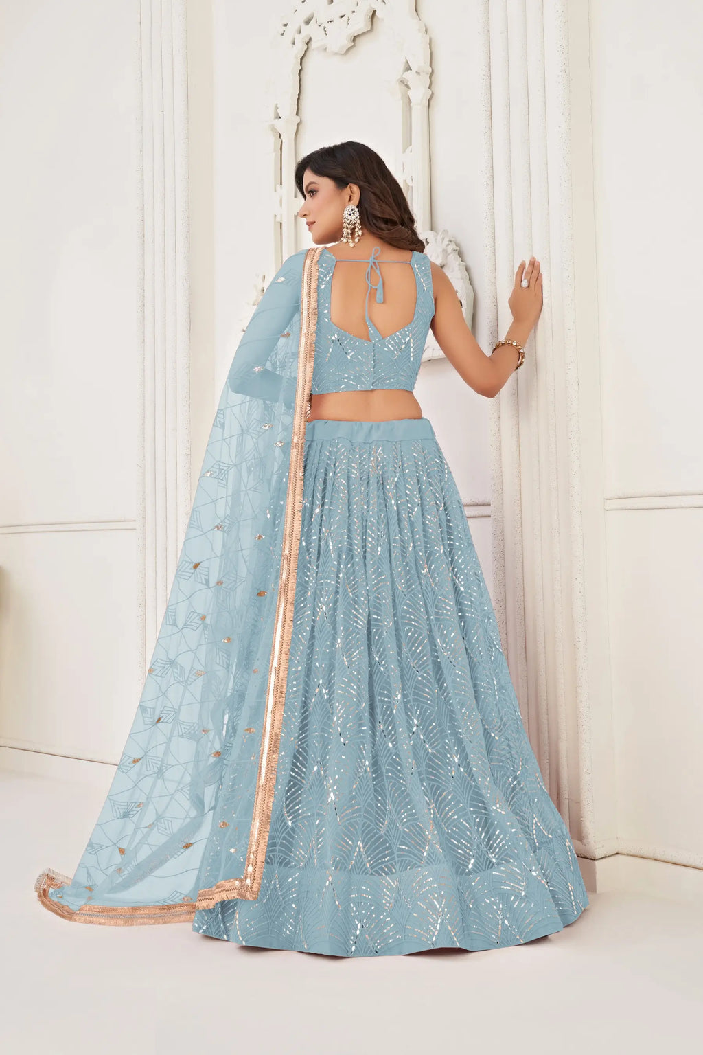 Sky Blue Sequins Embroidery Net Lehenga Choli