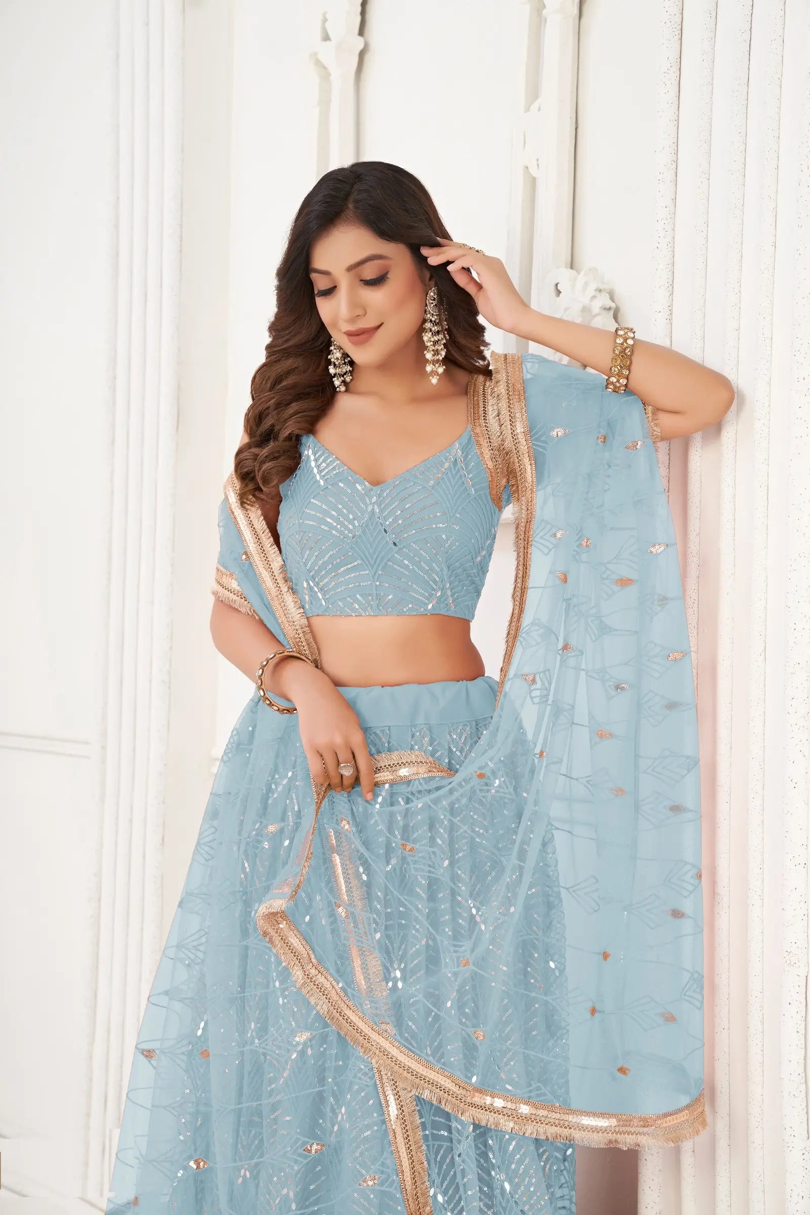 Sky Blue Sequins Embroidery Net Lehenga Choli