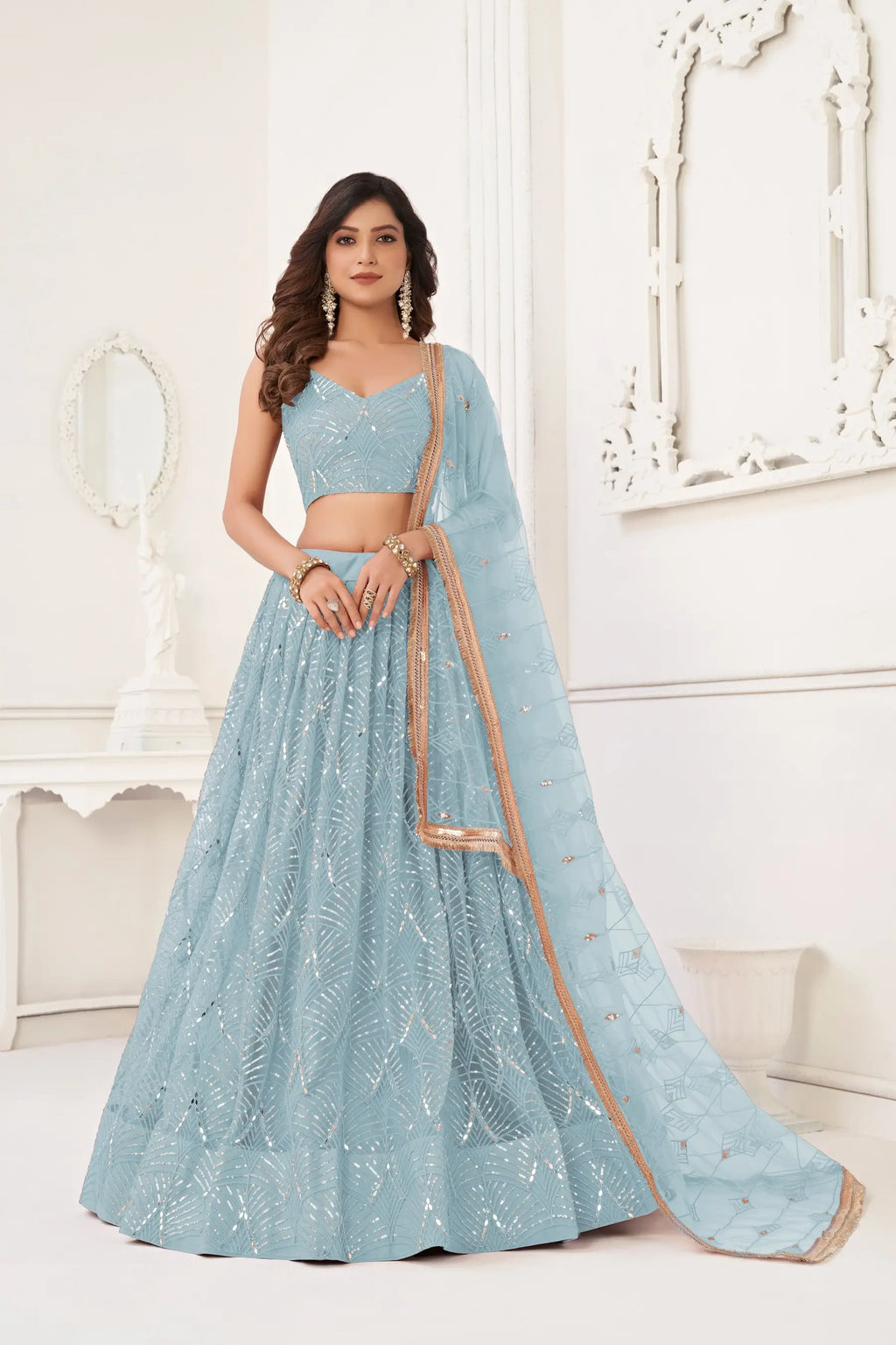 Sky Blue Sequins Embroidery Net Lehenga Choli