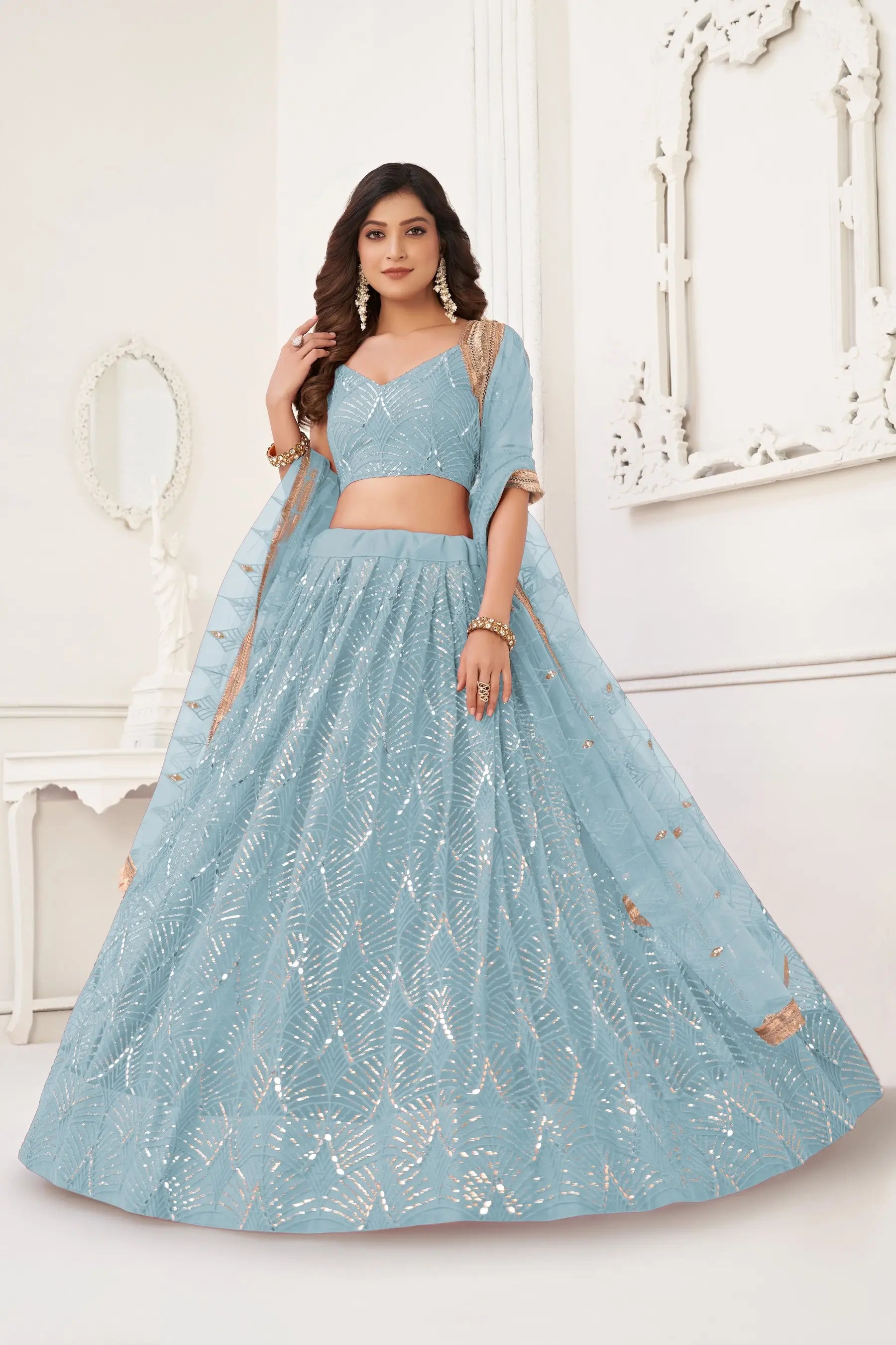 Sky Blue Sequins Embroidery Net Lehenga Choli