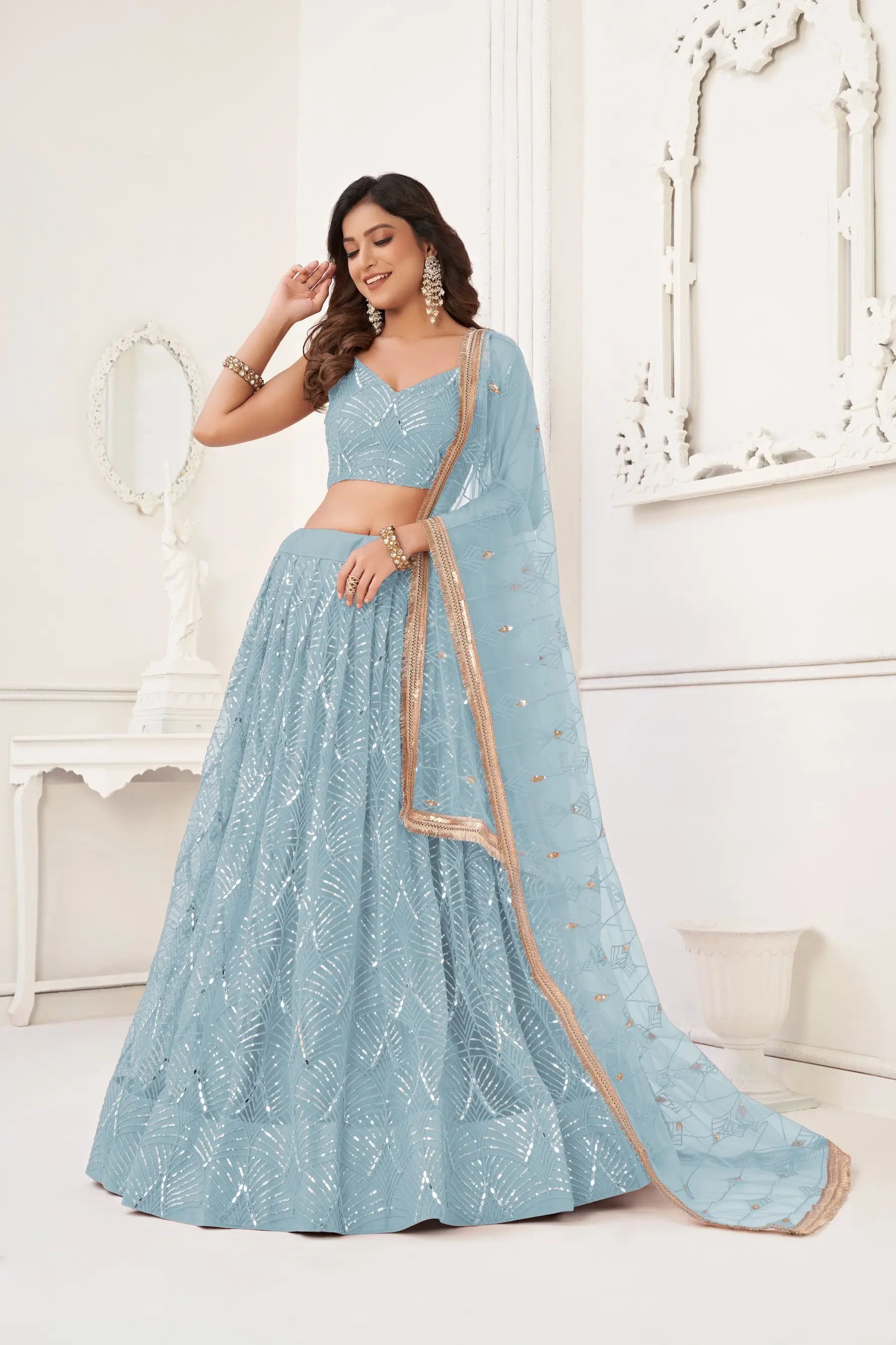Sky Blue Sequins Embroidery Net Lehenga Choli