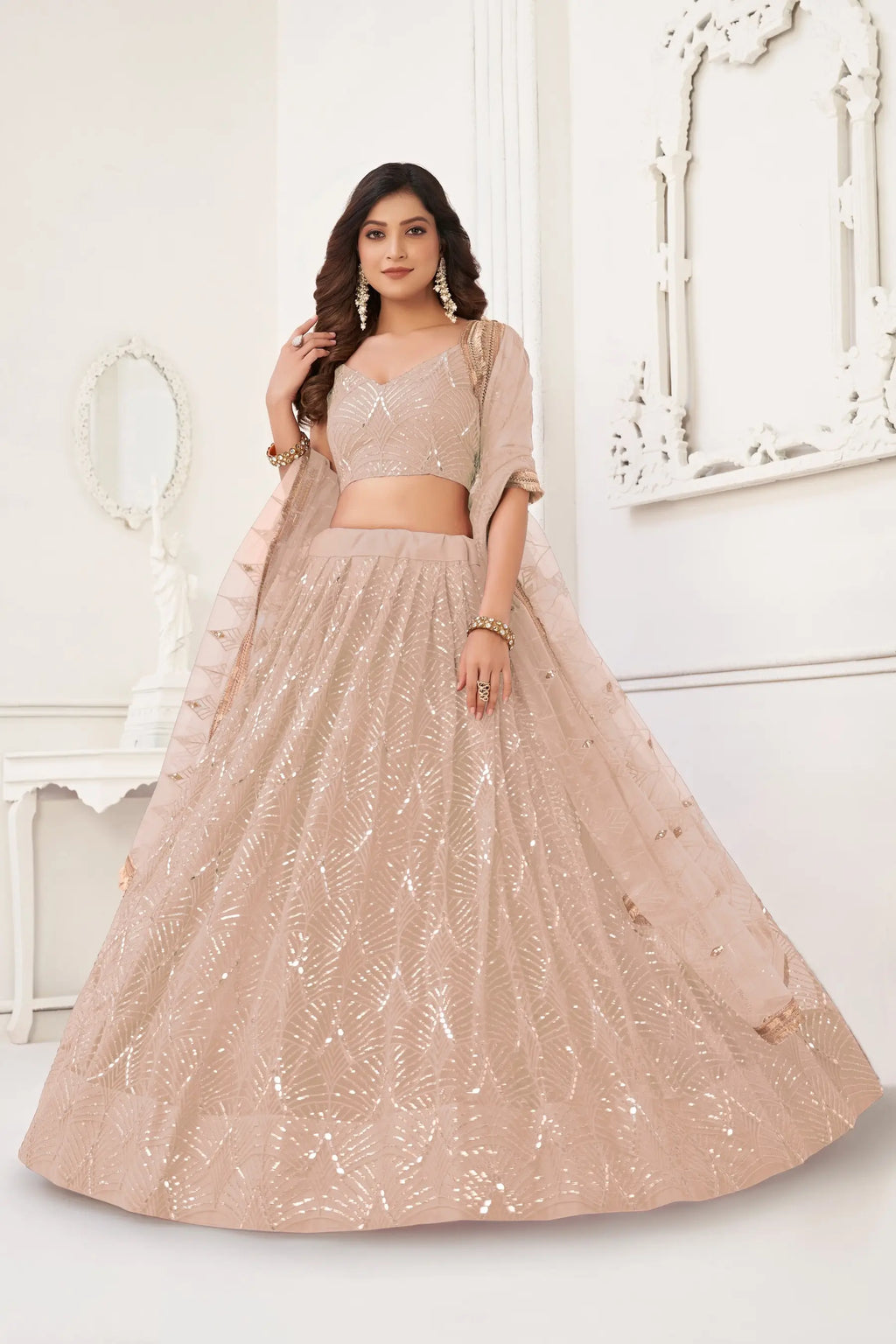 Soft Peach Sequins Embroidery Net Lehenga