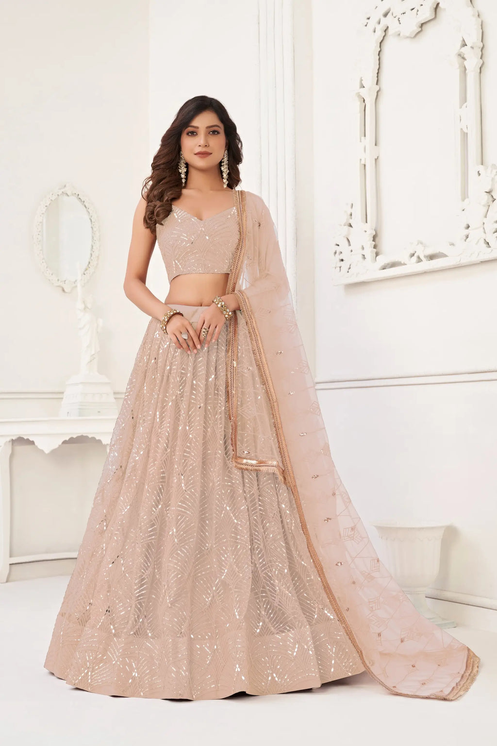 Soft Peach Sequins Embroidery Net Lehenga
