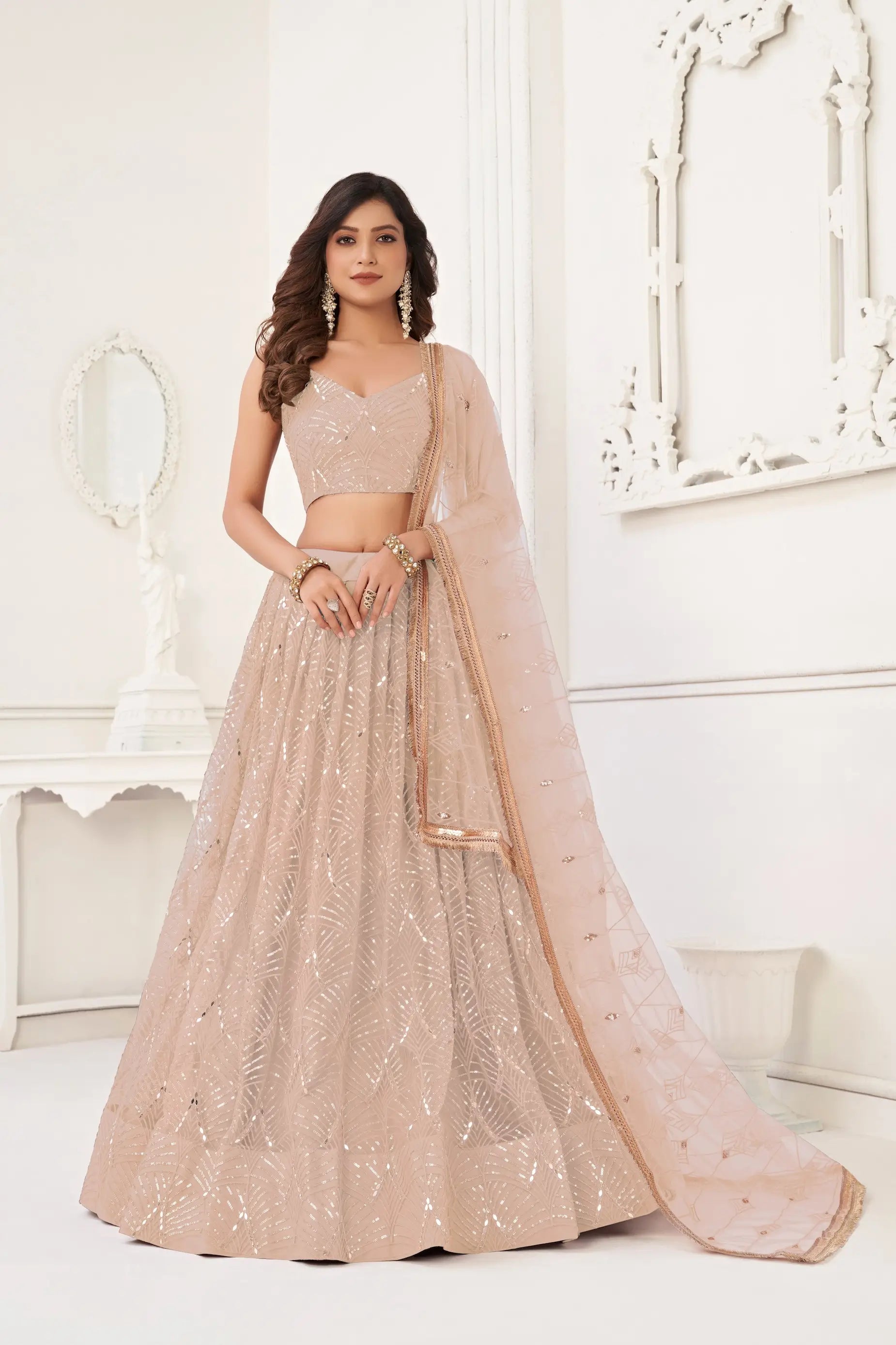 Soft Peach Sequins Embroidery Net Lehenga