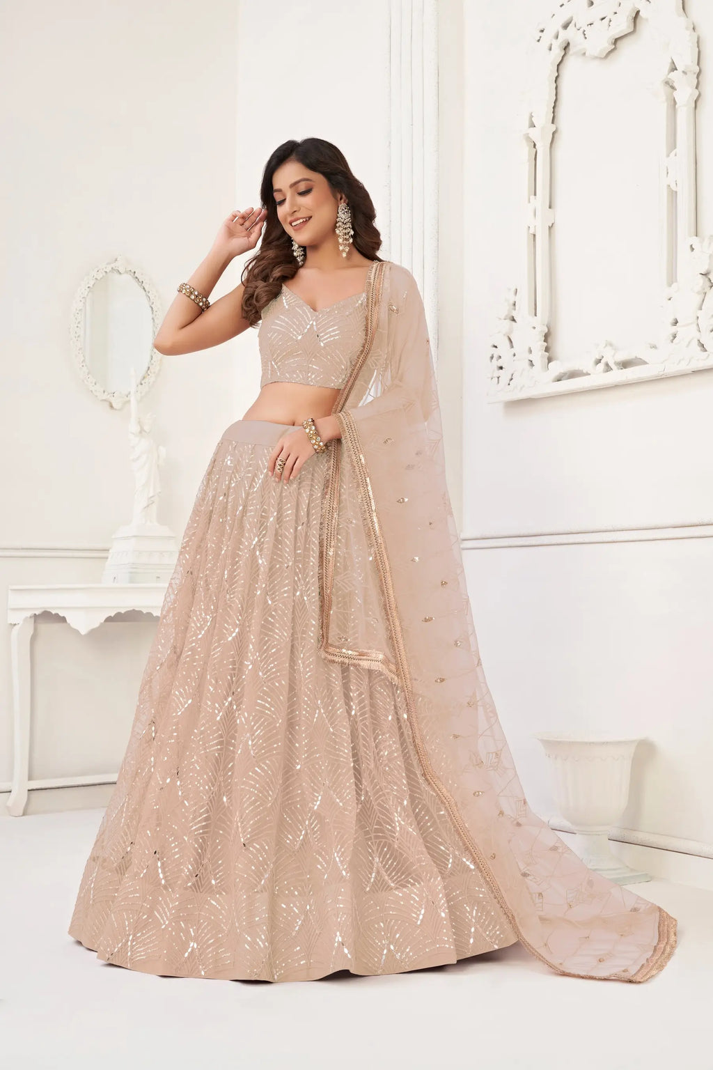 Soft Peach Sequins Embroidery Net Lehenga