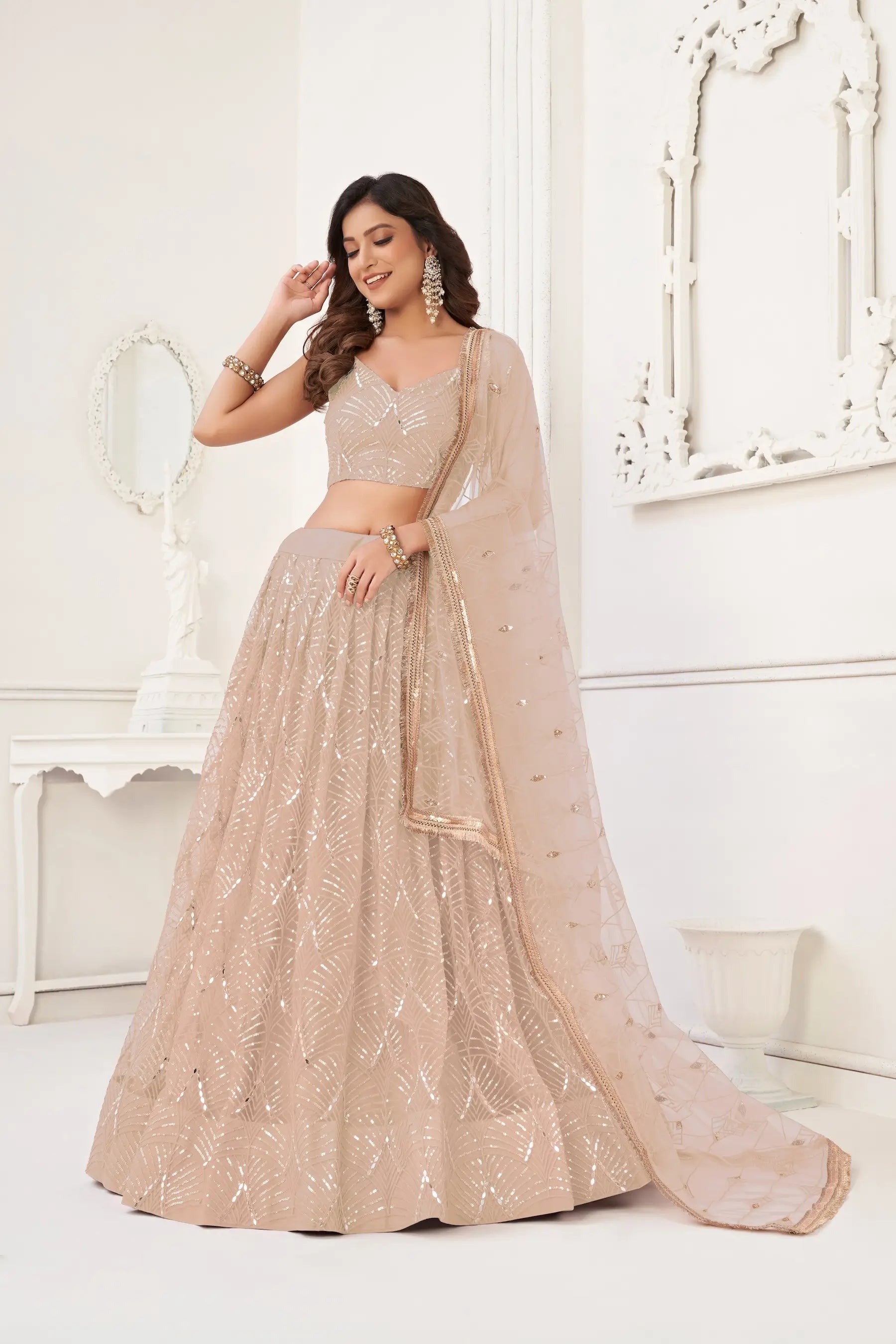Soft Peach Sequins Embroidery Net Lehenga