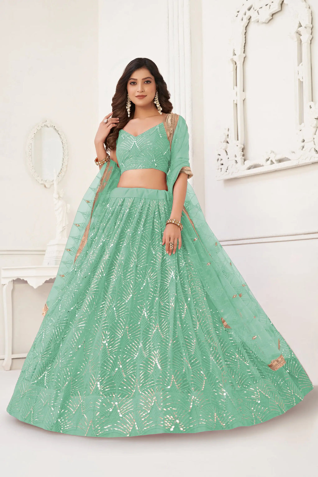 Sea Green Sequins Embroidery Net Lehenga Choli