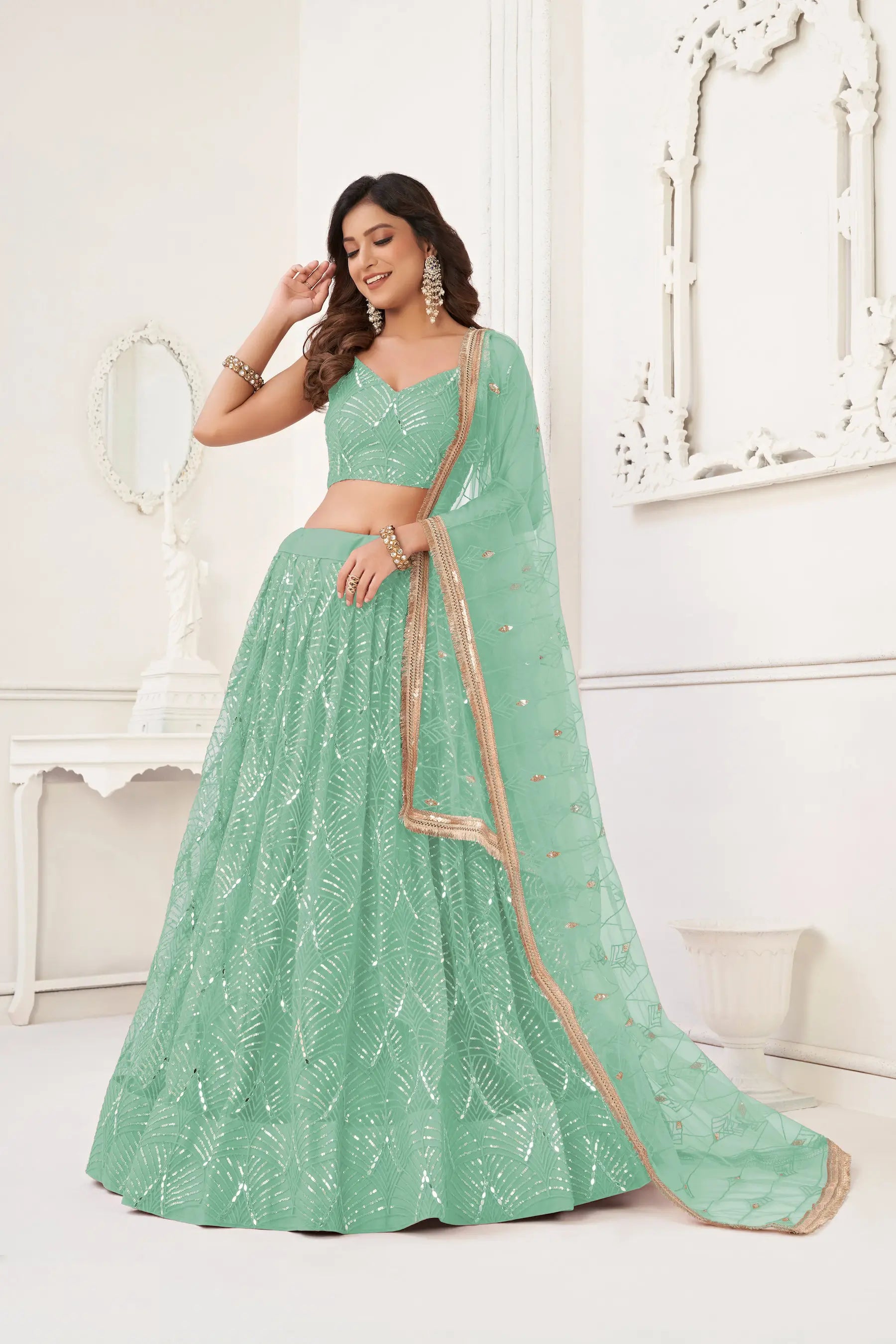 Sea Green Sequins Embroidery Net Lehenga Choli