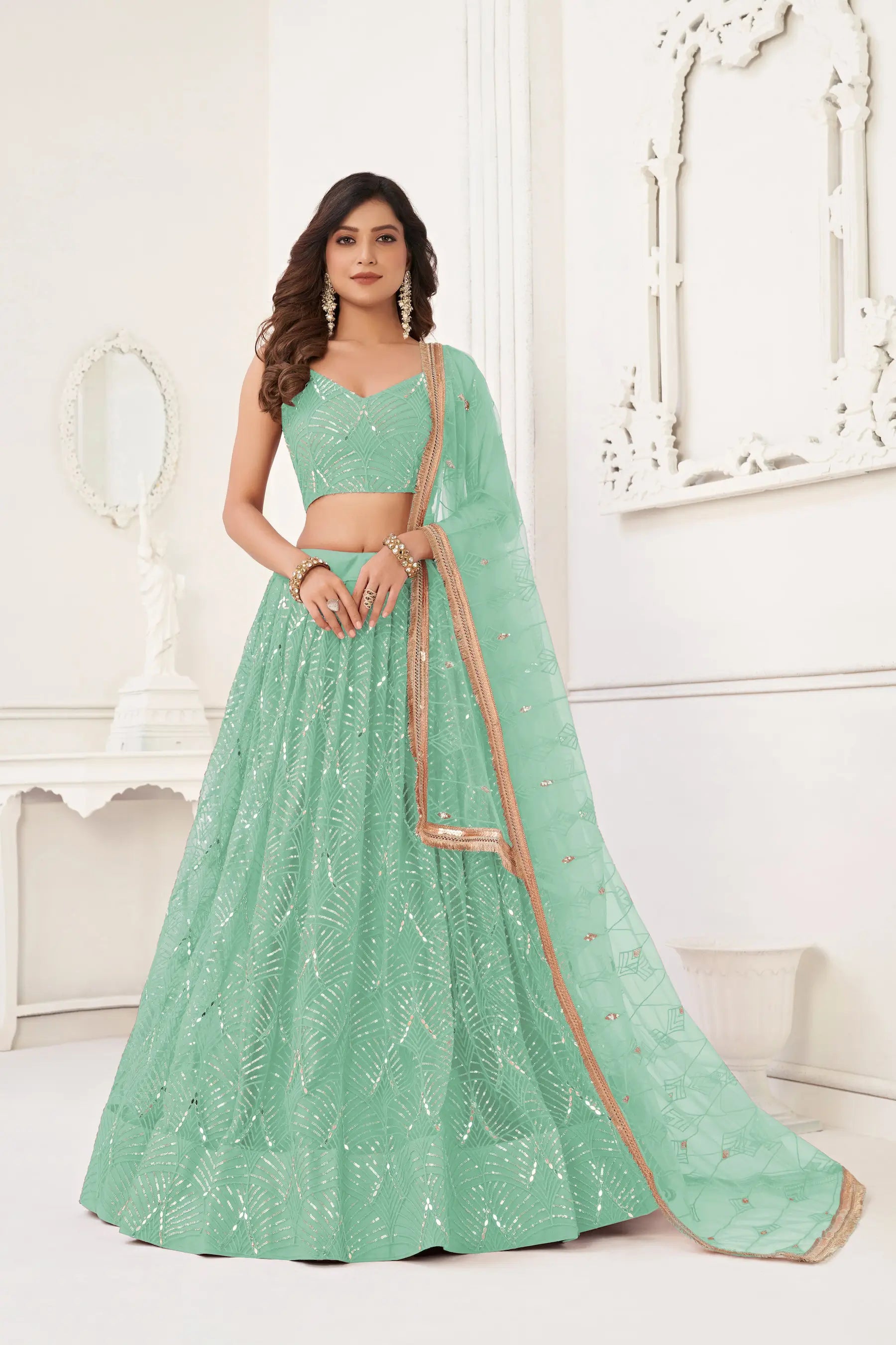 Sea Green Sequins Embroidery Net Lehenga Choli