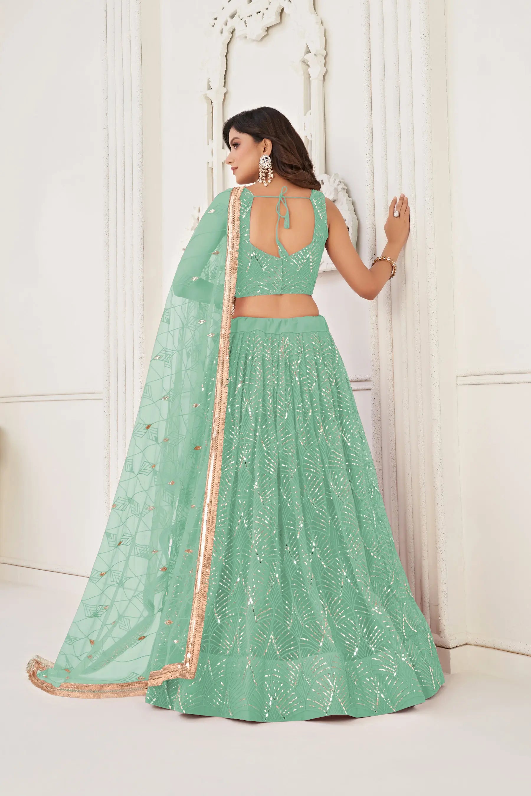 Sea Green Sequins Embroidery Net Lehenga Choli