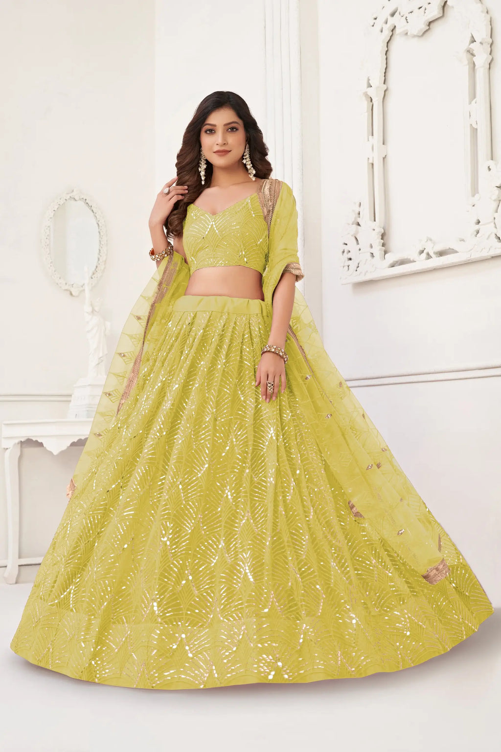 Lime yellow Sequins Embroidery Net Lehenga Choli