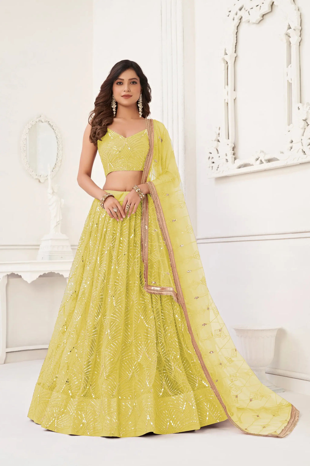 Lime yellow Sequins Embroidery Net Lehenga Choli