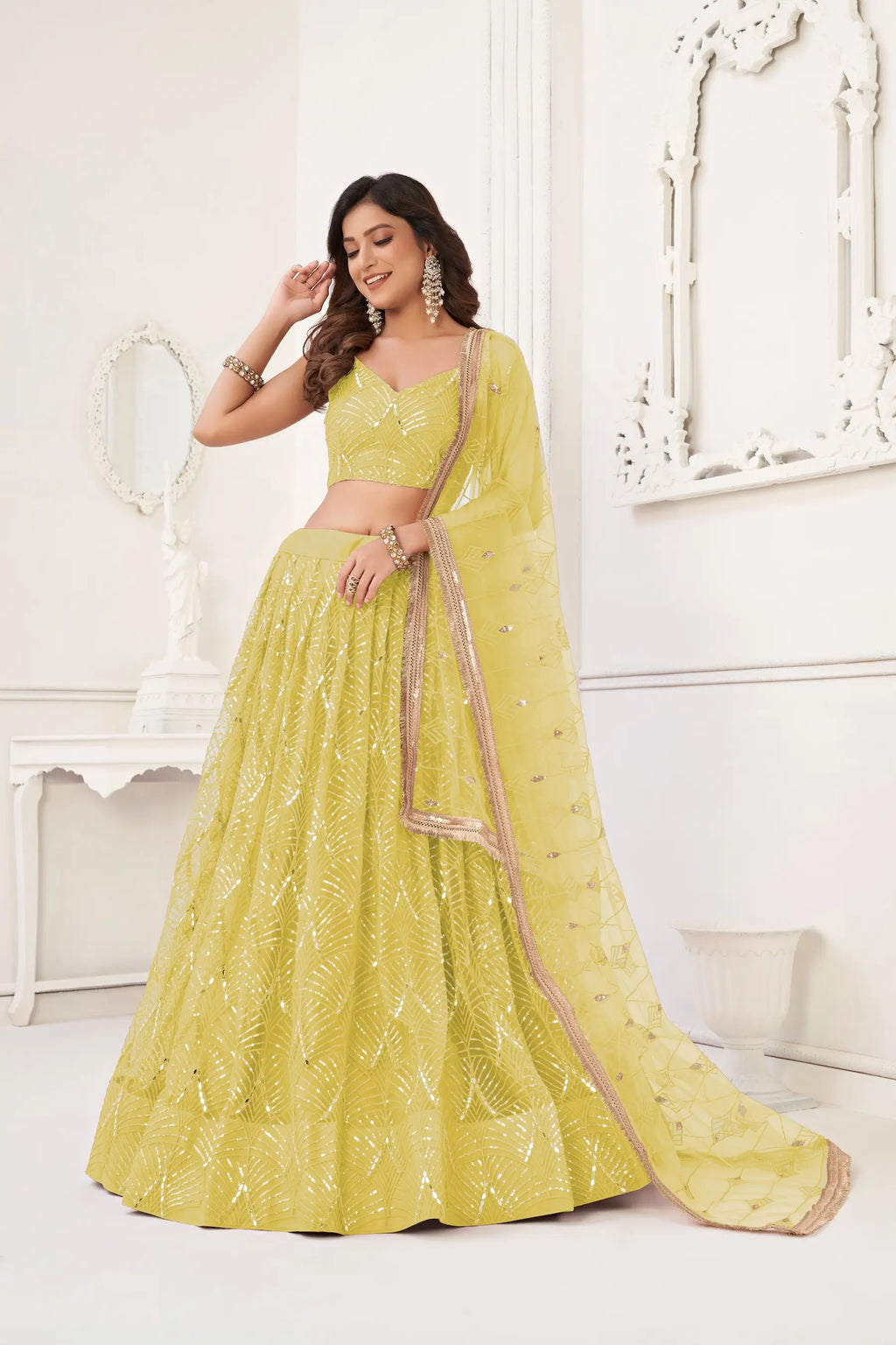 Lime yellow Sequins Embroidery Net Lehenga Choli