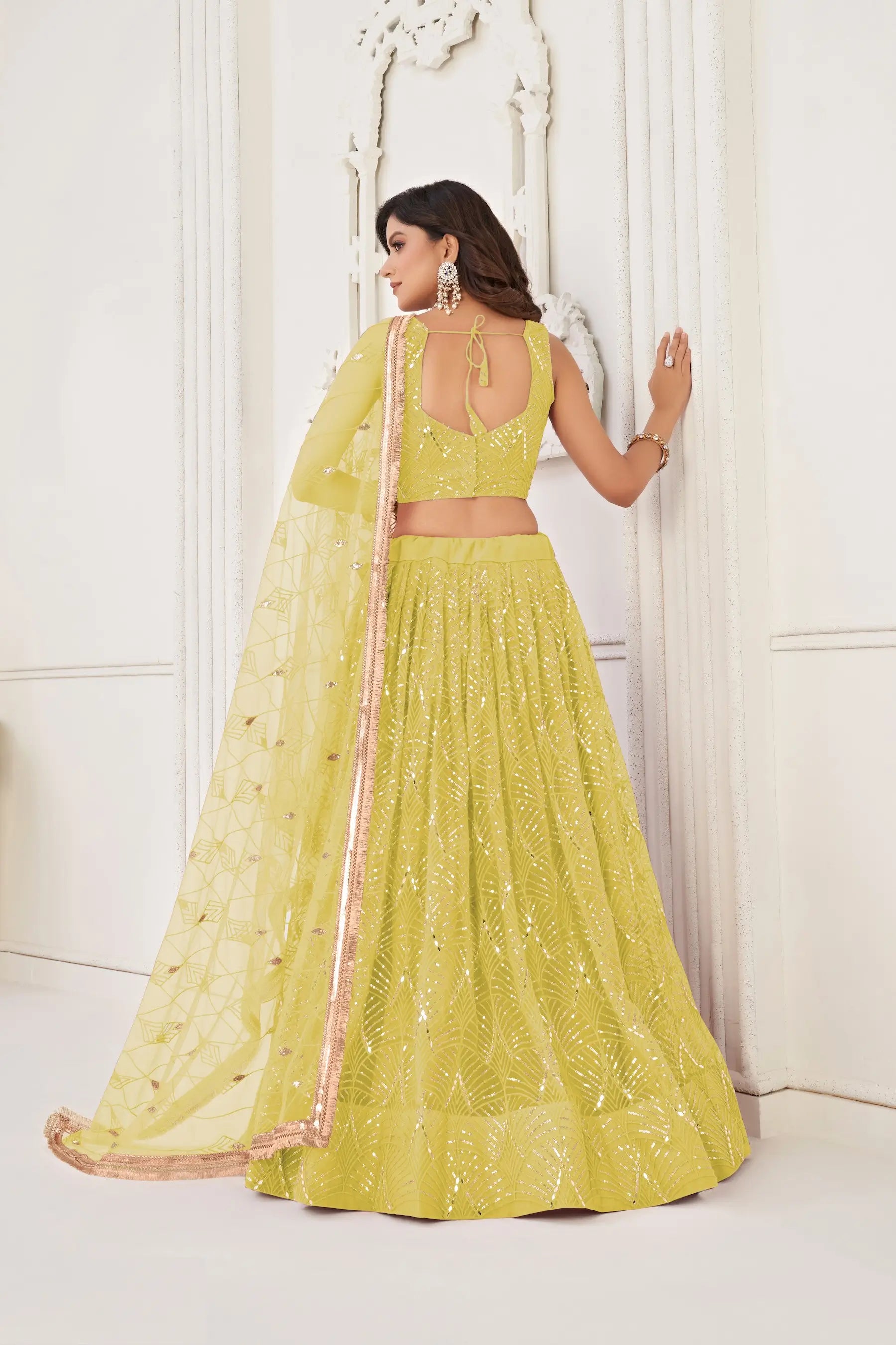 Lime yellow Sequins Embroidery Net Lehenga Choli