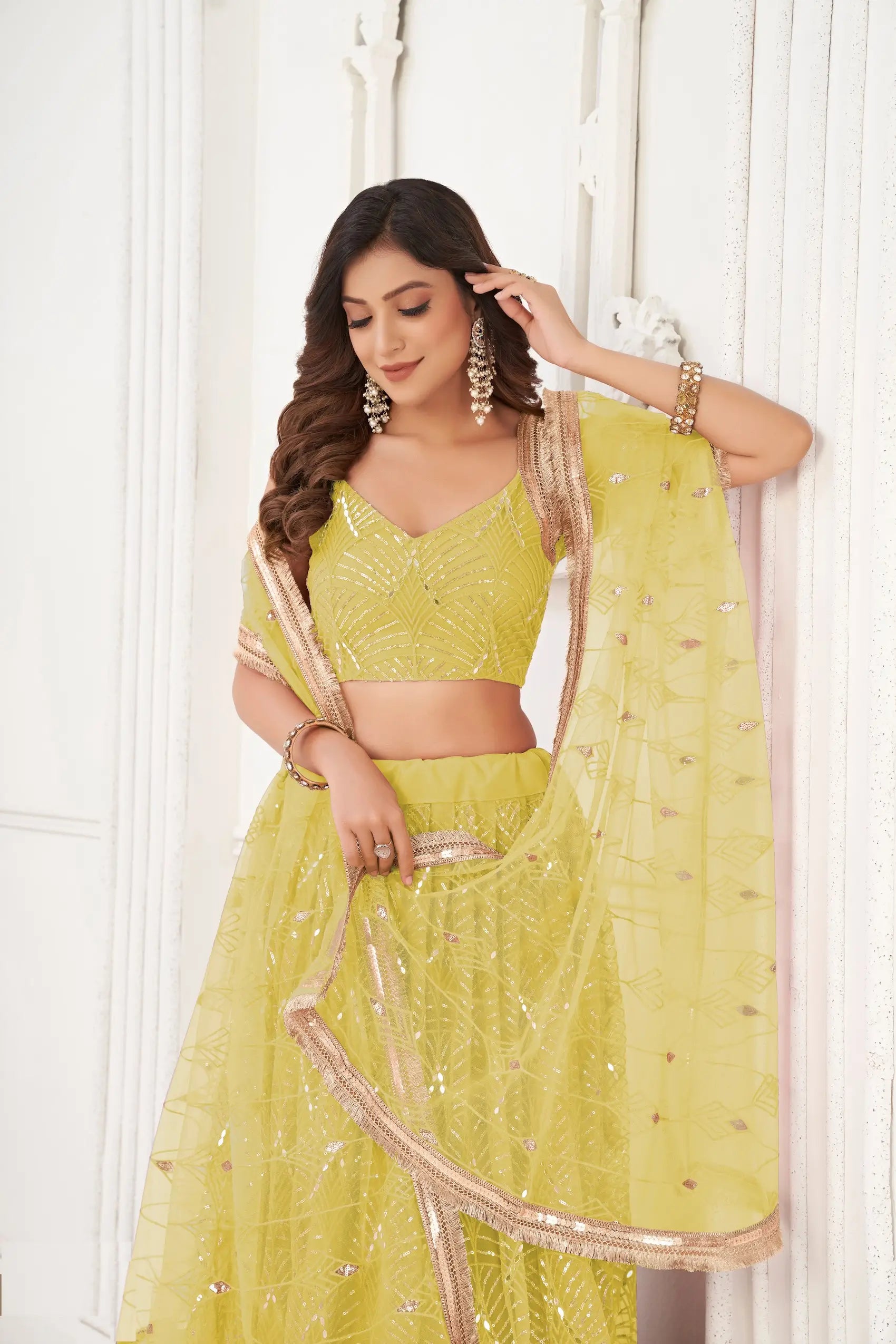 Lime yellow Sequins Embroidery Net Lehenga Choli