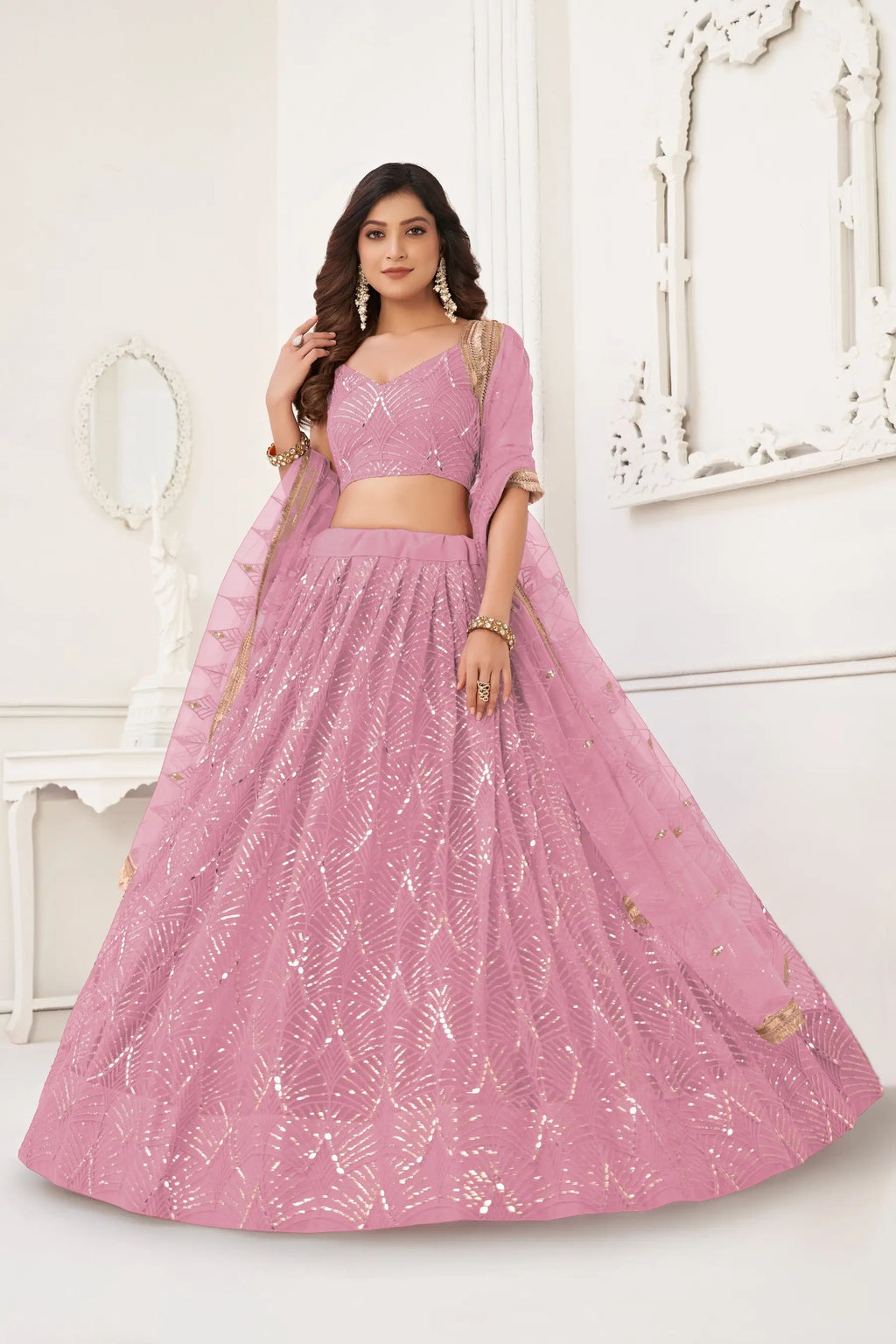 Dusty Sequins Embroidery Net Lehenga Choli