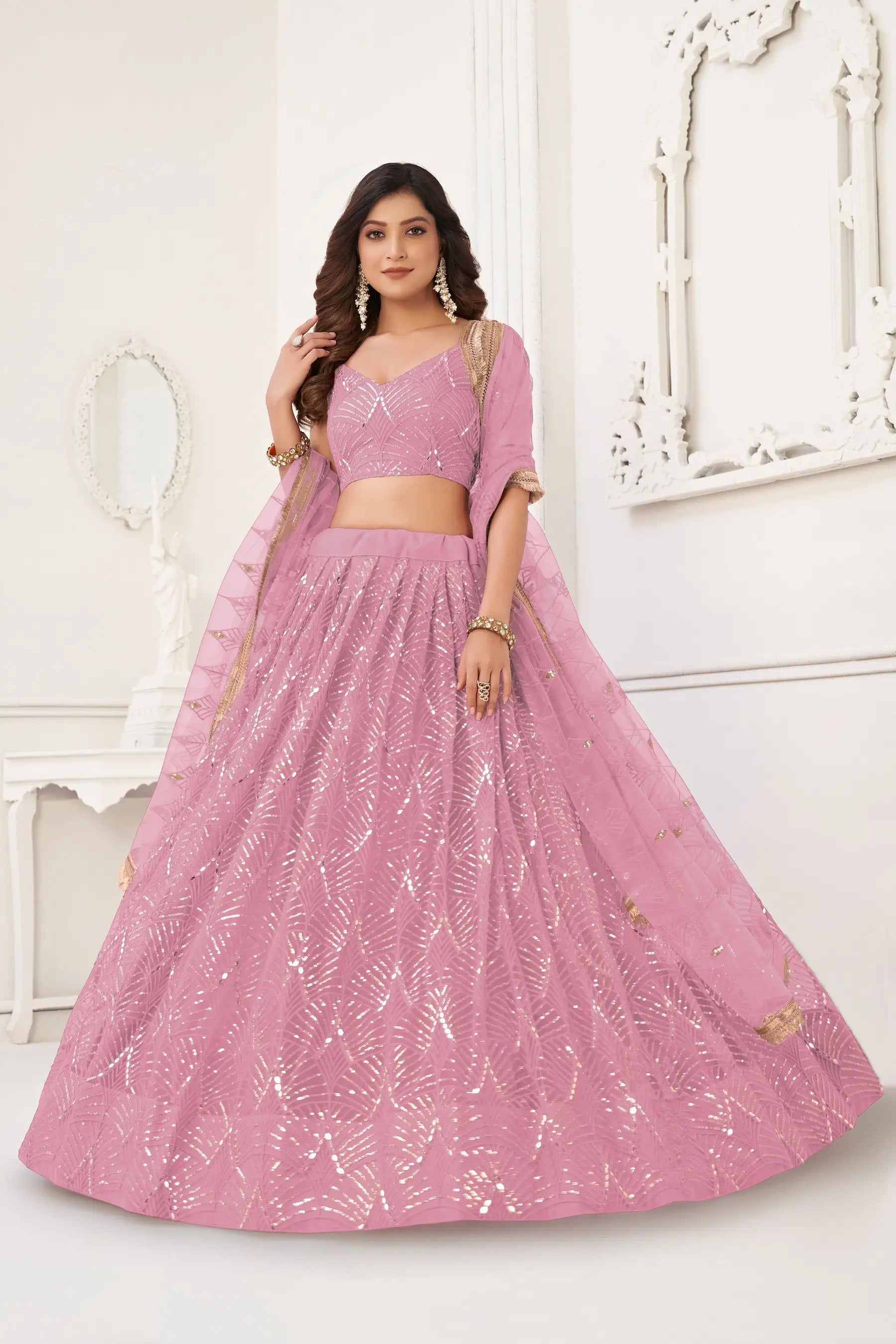 Dusty Sequins Embroidery Net Lehenga Choli