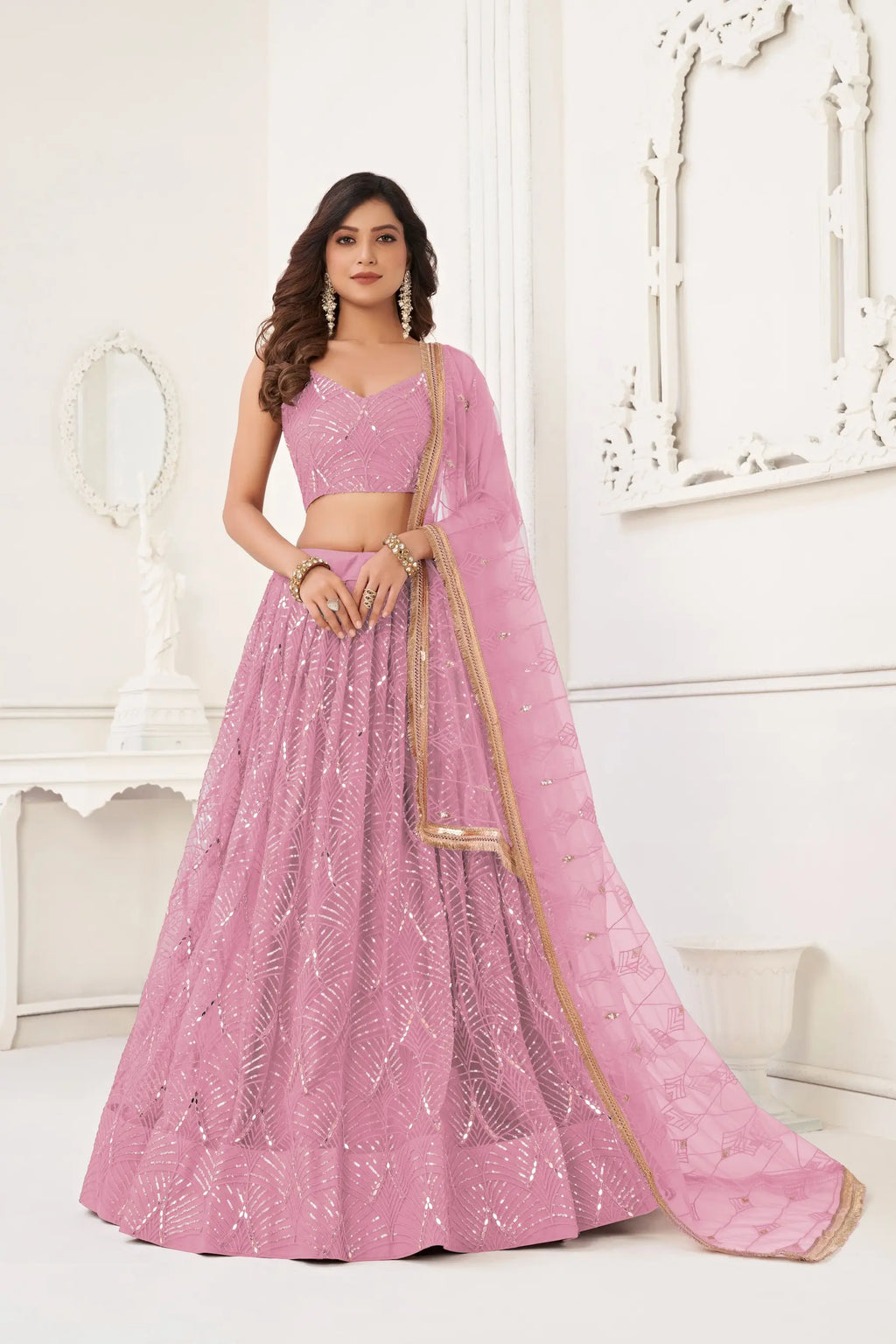 Dusty Sequins Embroidery Net Lehenga Choli