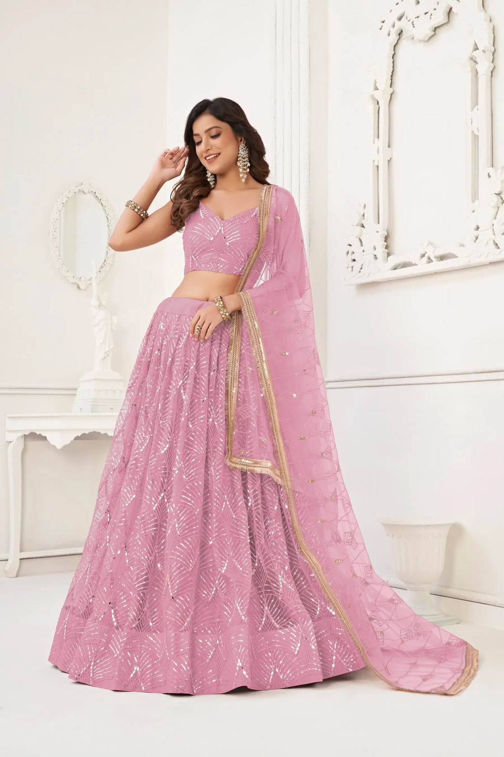 Dusty Sequins Embroidery Net Lehenga Choli