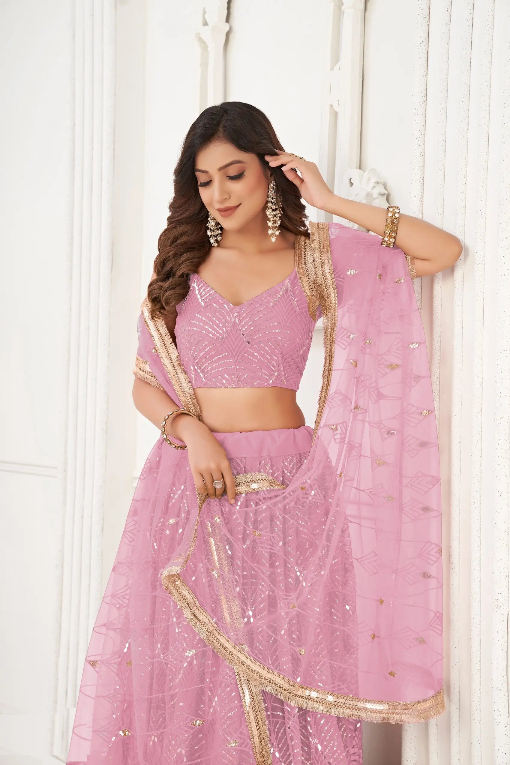 Dusty Sequins Embroidery Net Lehenga Choli
