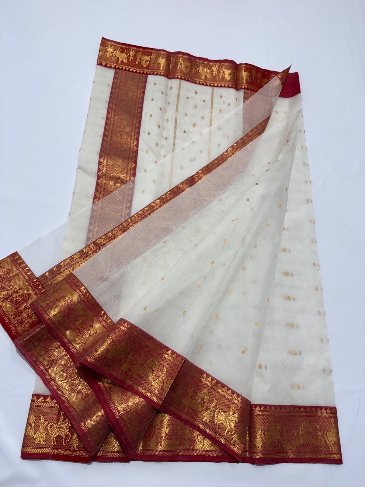 Pearl White Chanderi Handloom Katan Silk Nakshi Saree