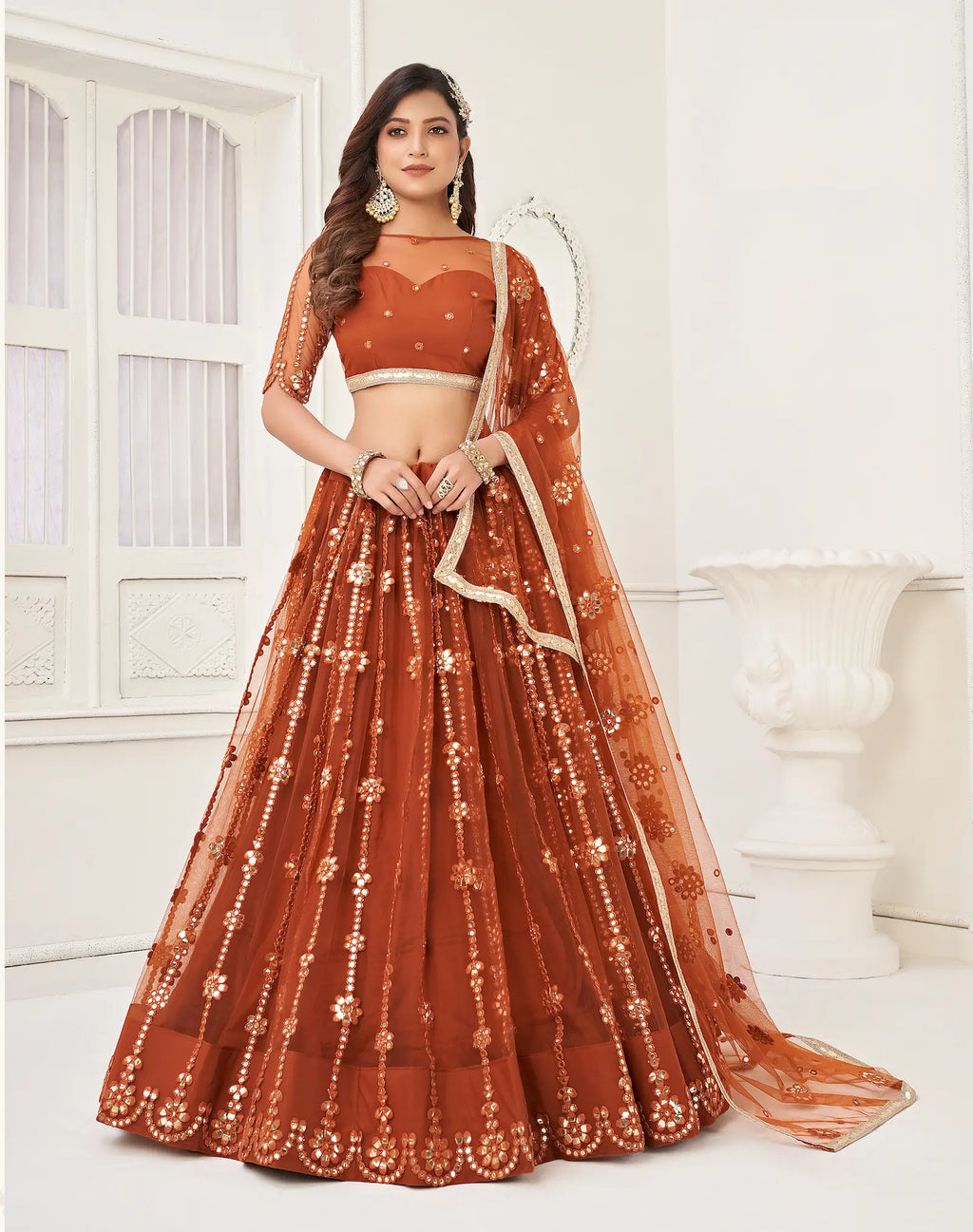 Brown Thread & Paper Mirror Work Net Lehenga Choli