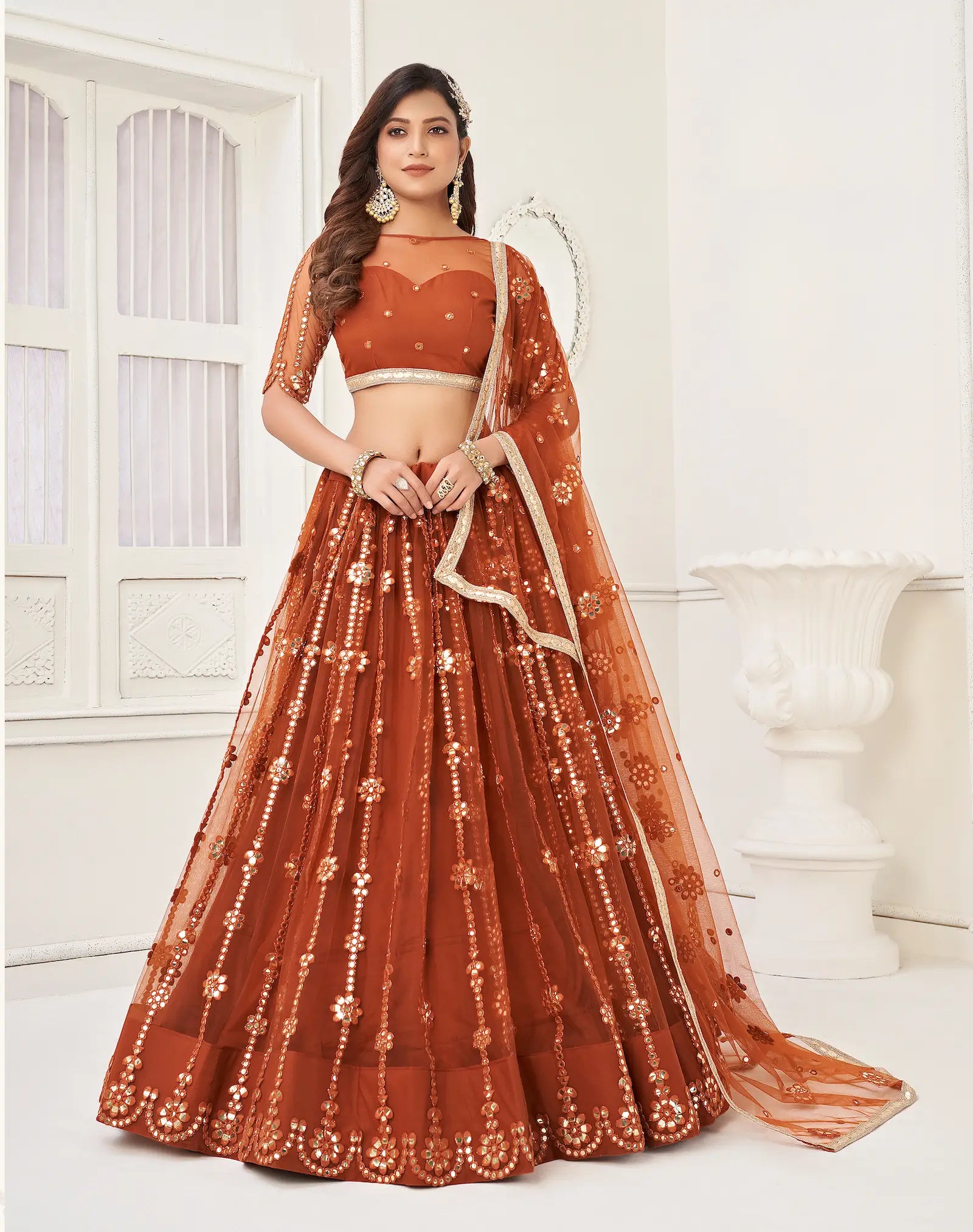Brown Thread & Paper Mirror Work Net Lehenga Choli