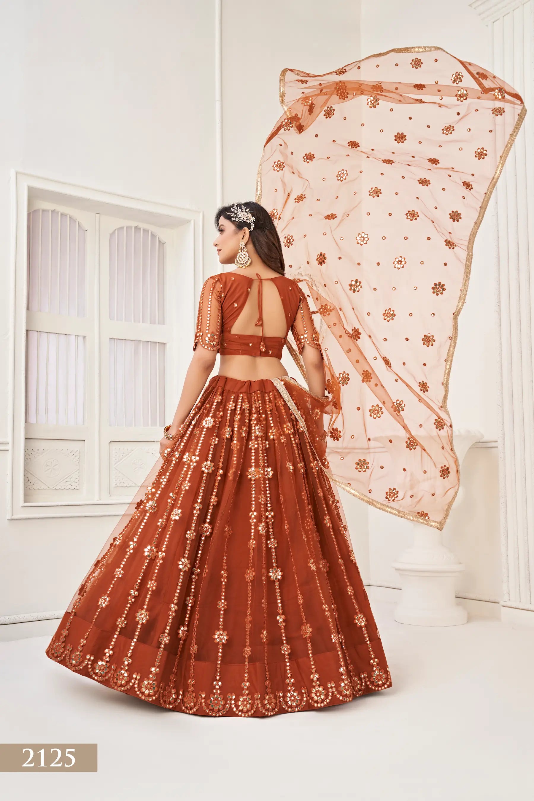 Brown Thread & Paper Mirror Work Net Lehenga Choli