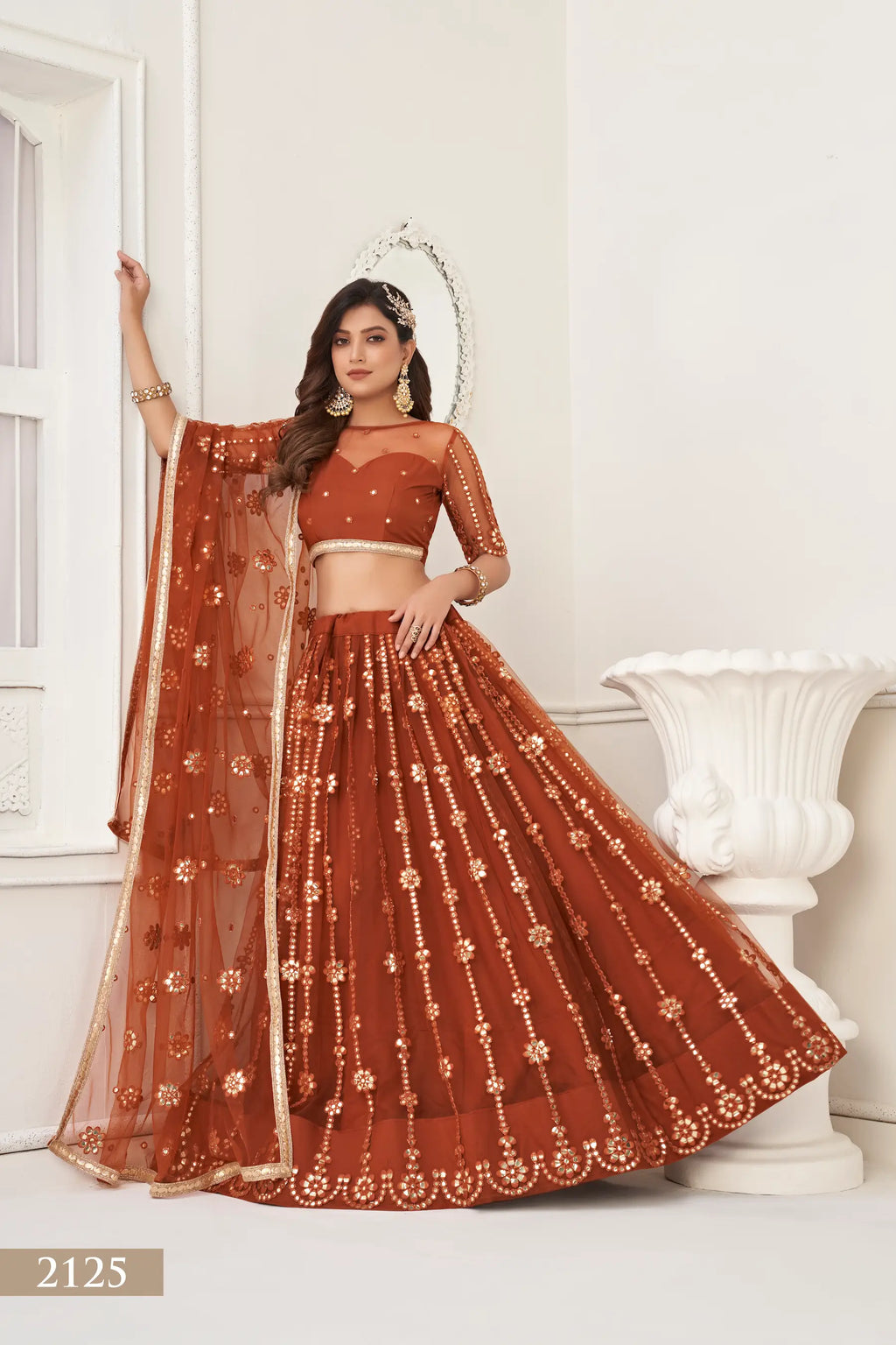 Brown Thread & Paper Mirror Work Net Lehenga Choli