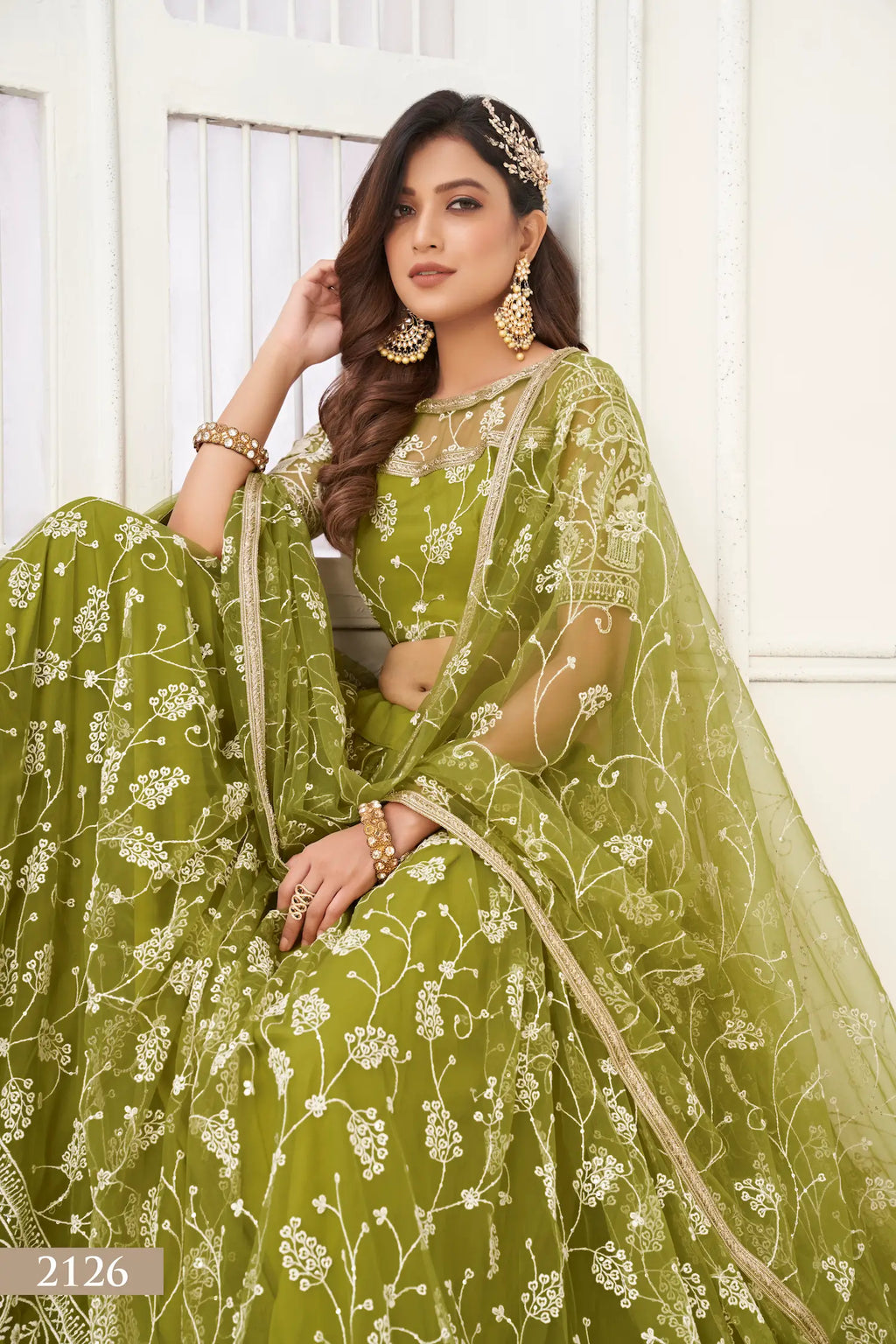Olive Green Sequins Zari Embroidery Net Lehenga Choli