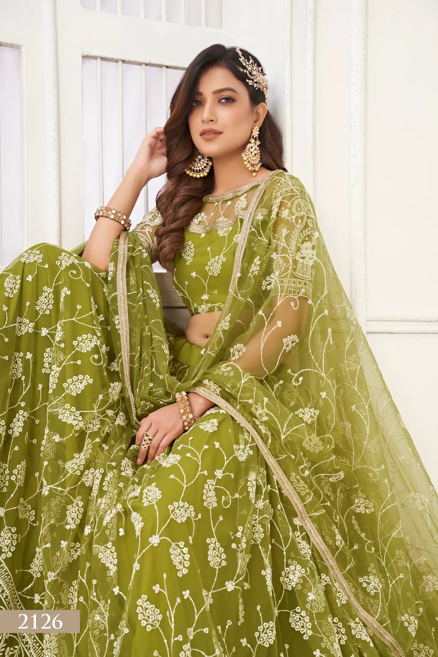 Olive Green Sequins Zari Embroidery Net Lehenga Choli