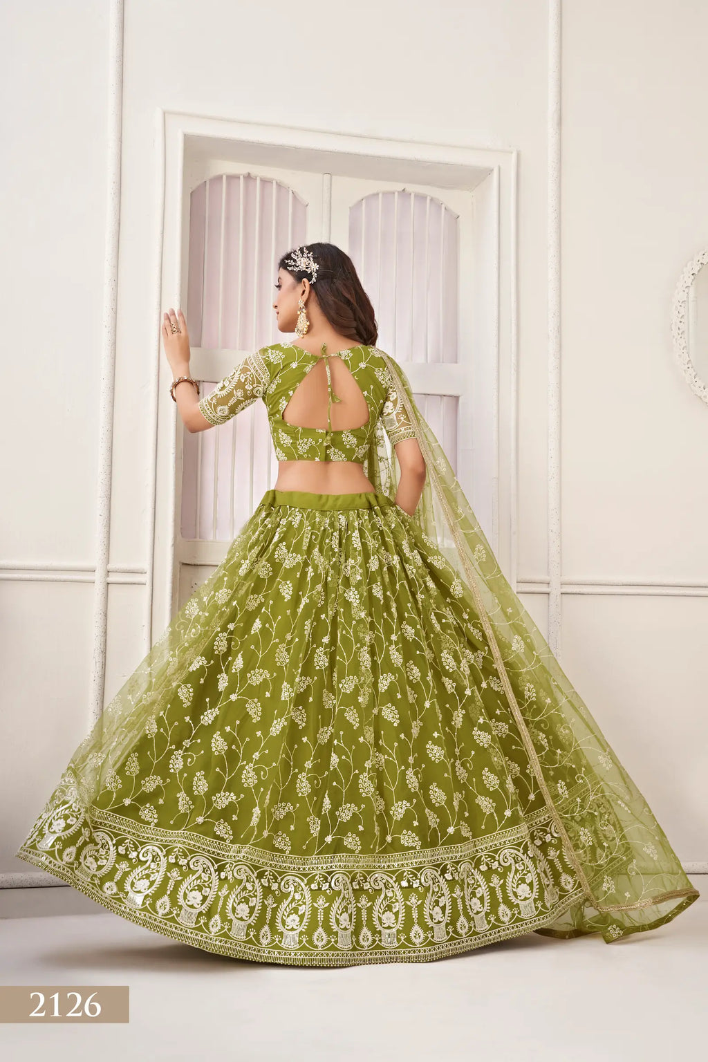 Olive Green Sequins Zari Embroidery Net Lehenga Choli
