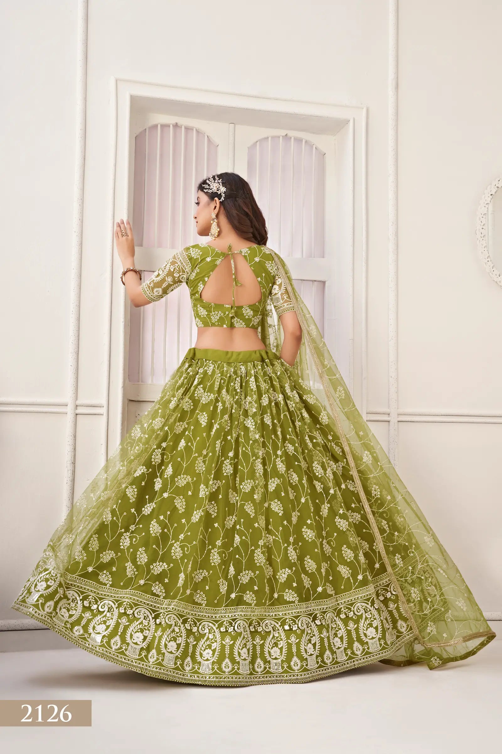 Olive Green Sequins Zari Embroidery Net Lehenga Choli