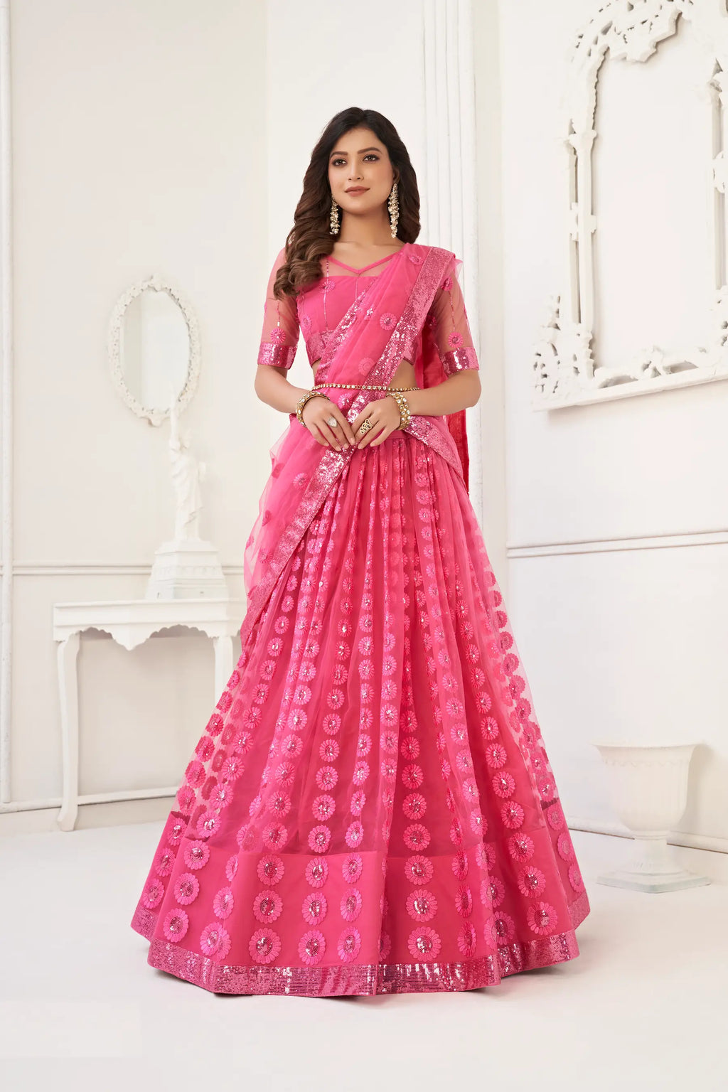 Pink Thread Sequins Embroidery Work Net Lehenga Choli
