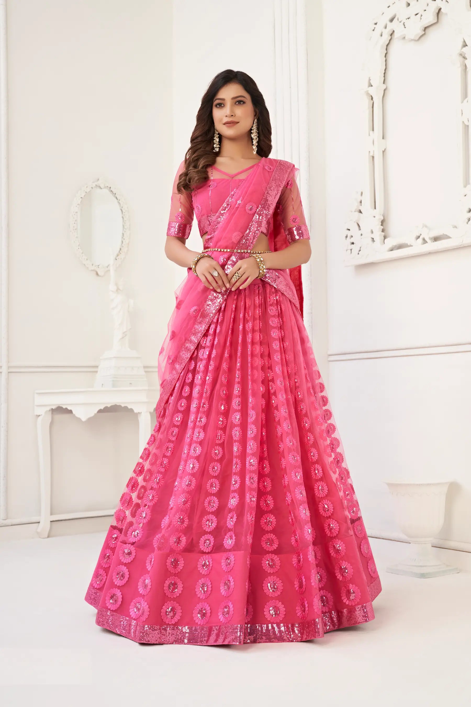 Pink Thread Sequins Embroidery Work Net Lehenga Choli