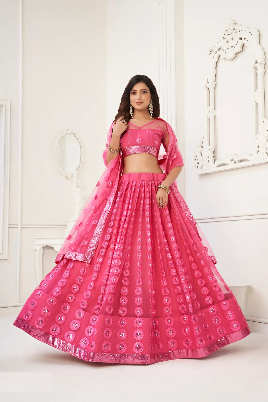 Pink Thread Sequins Embroidery Work Net Lehenga Choli