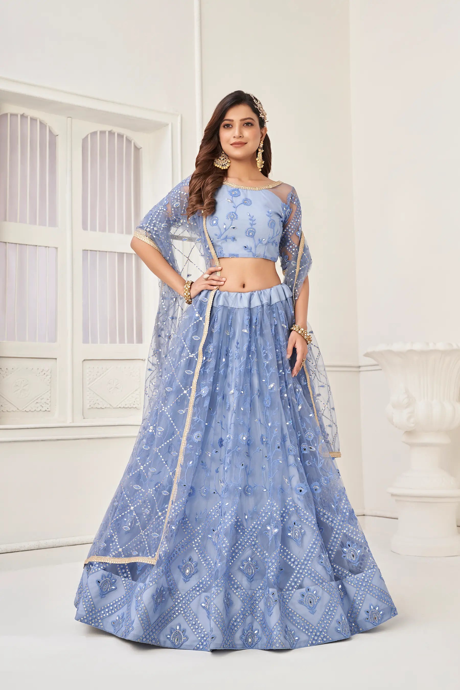 Grayish Blue Thread Sequins Embroidery Net Lehenga Choli