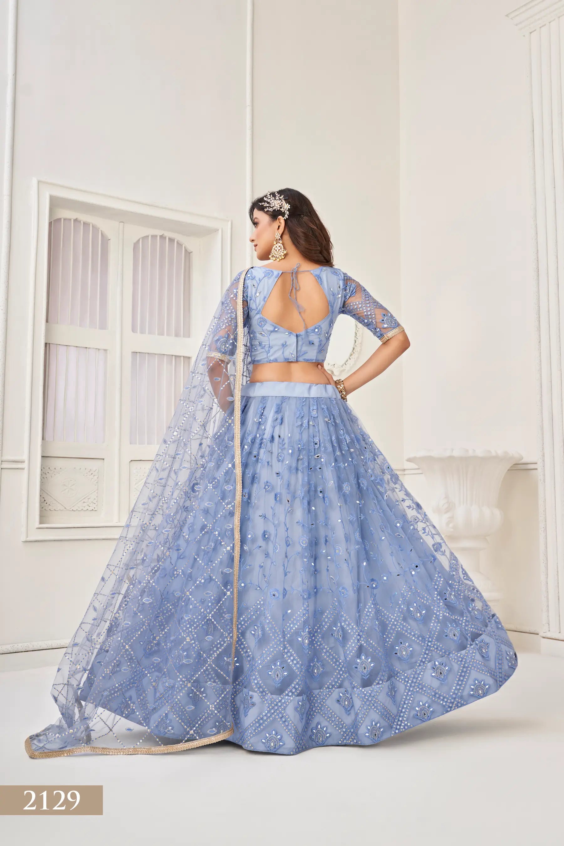 Grayish Blue Thread Sequins Embroidery Net Lehenga Choli