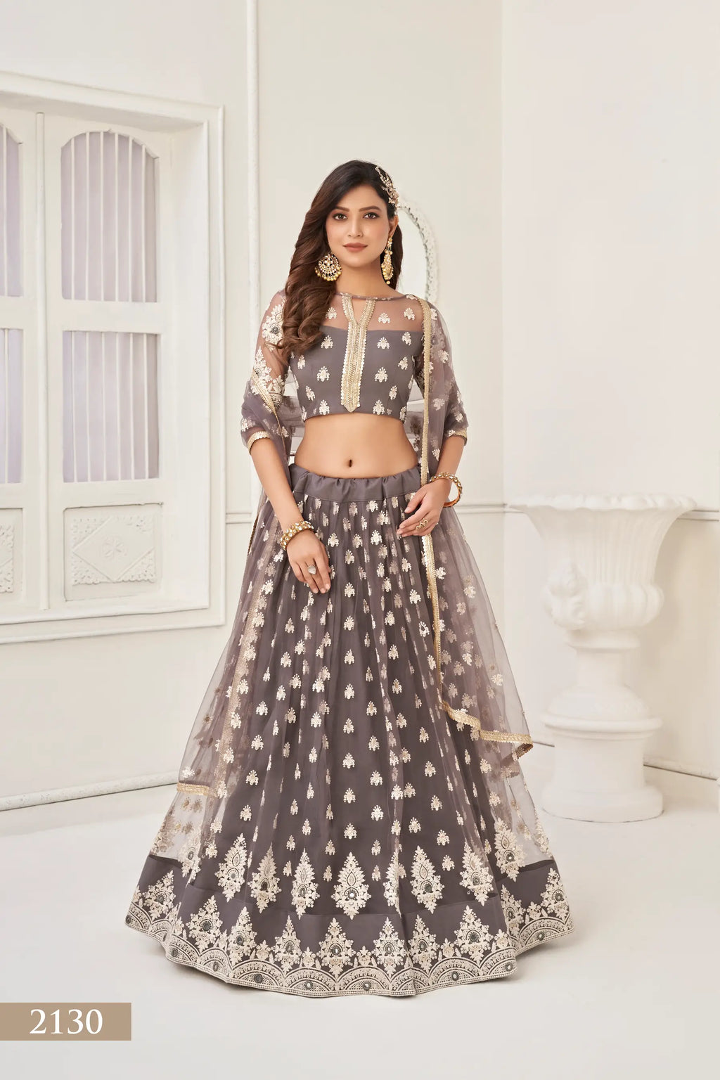 Grayish Brown Thread Sequins Embroidery Net Lehenga Choli