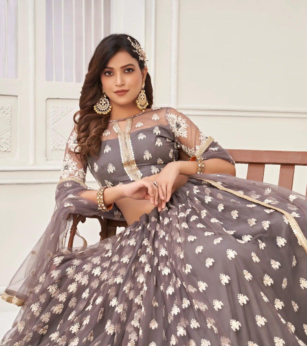 Grayish Brown Thread Sequins Embroidery Net Lehenga Choli