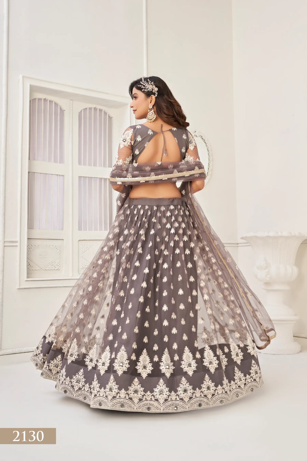 Grayish Brown Thread Sequins Embroidery Net Lehenga Choli