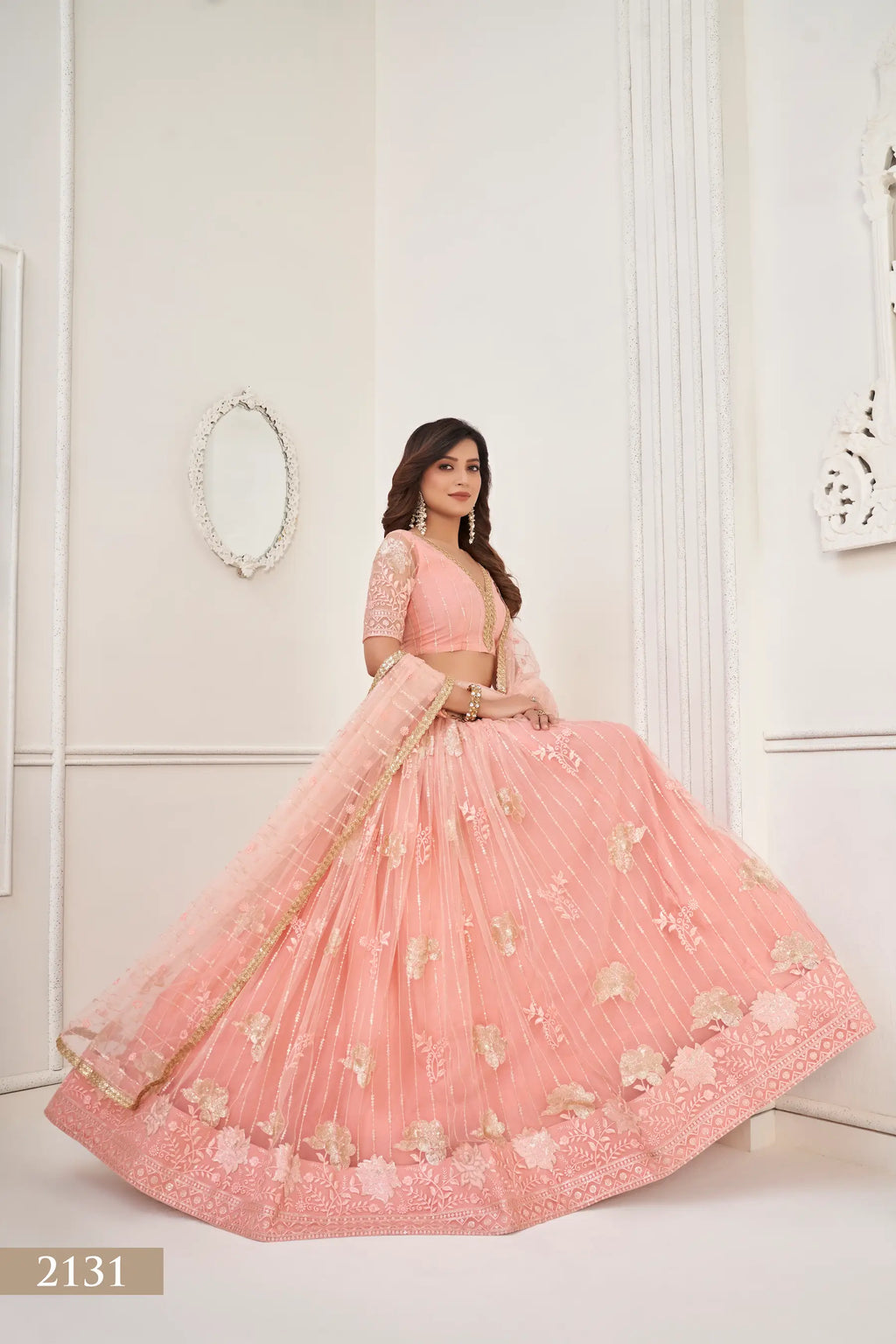 Peach Thread Sequins Embroidery Net Lehenga Choli