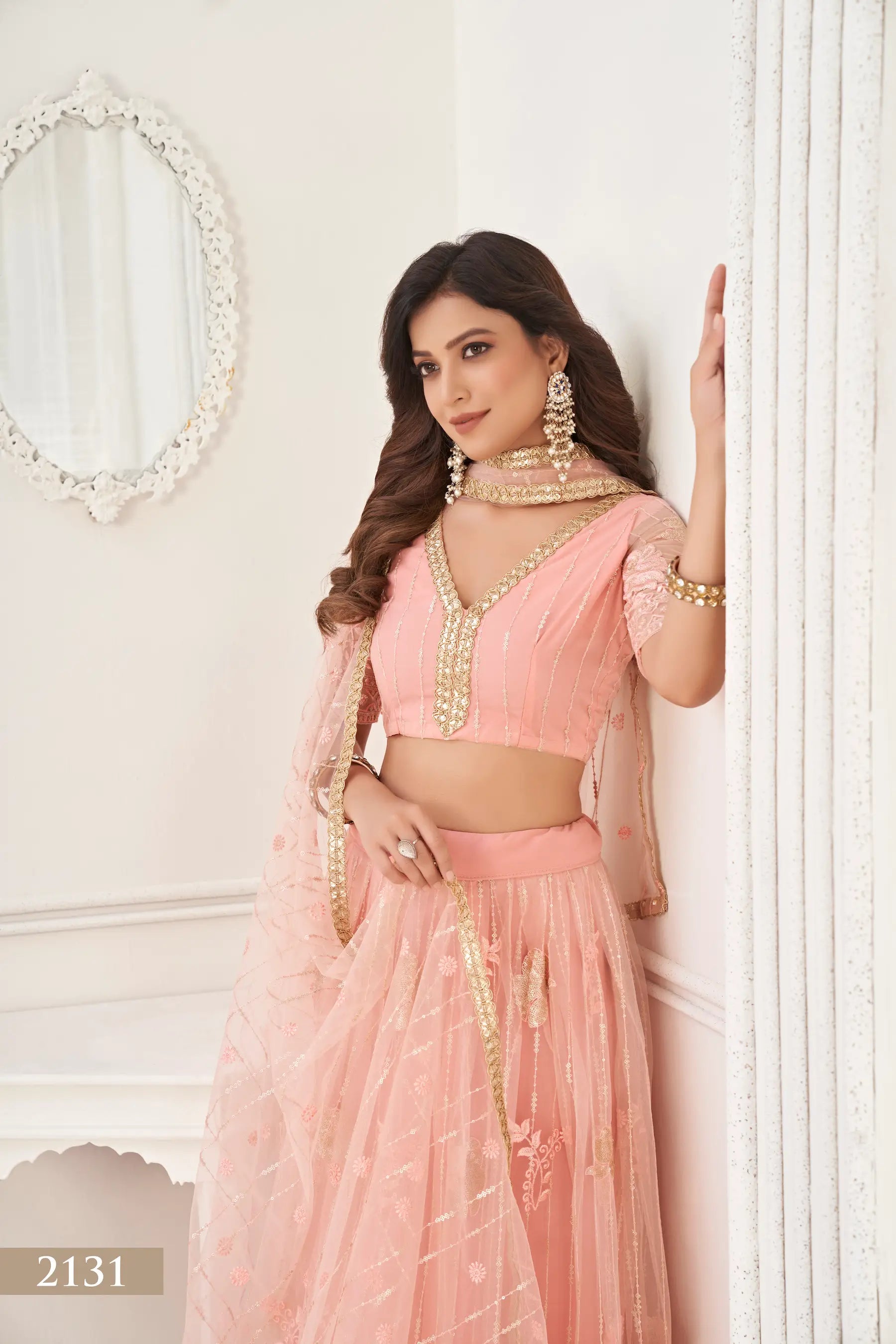Peach Thread Sequins Embroidery Net Lehenga Choli