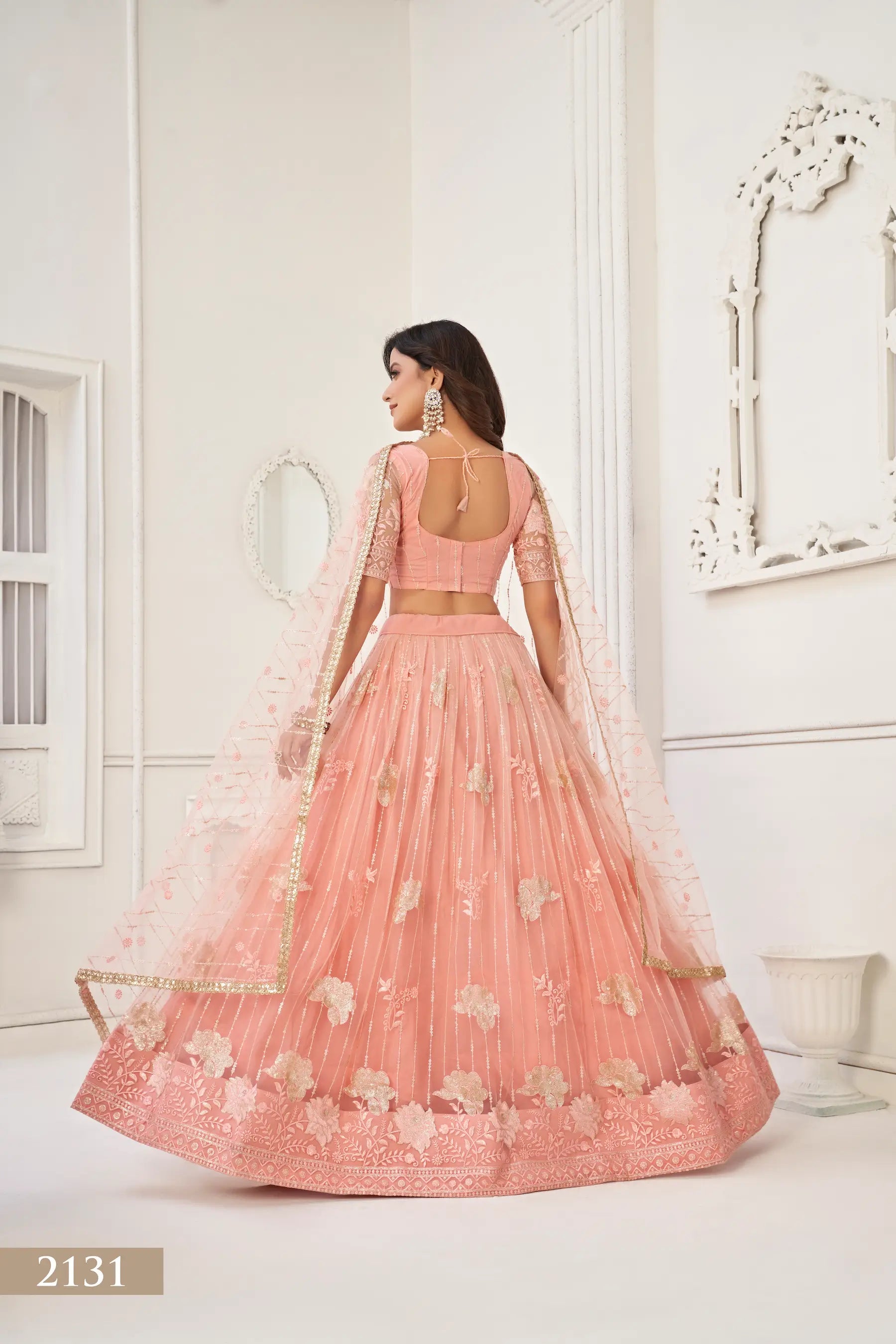 Peach Thread Sequins Embroidery Net Lehenga Choli